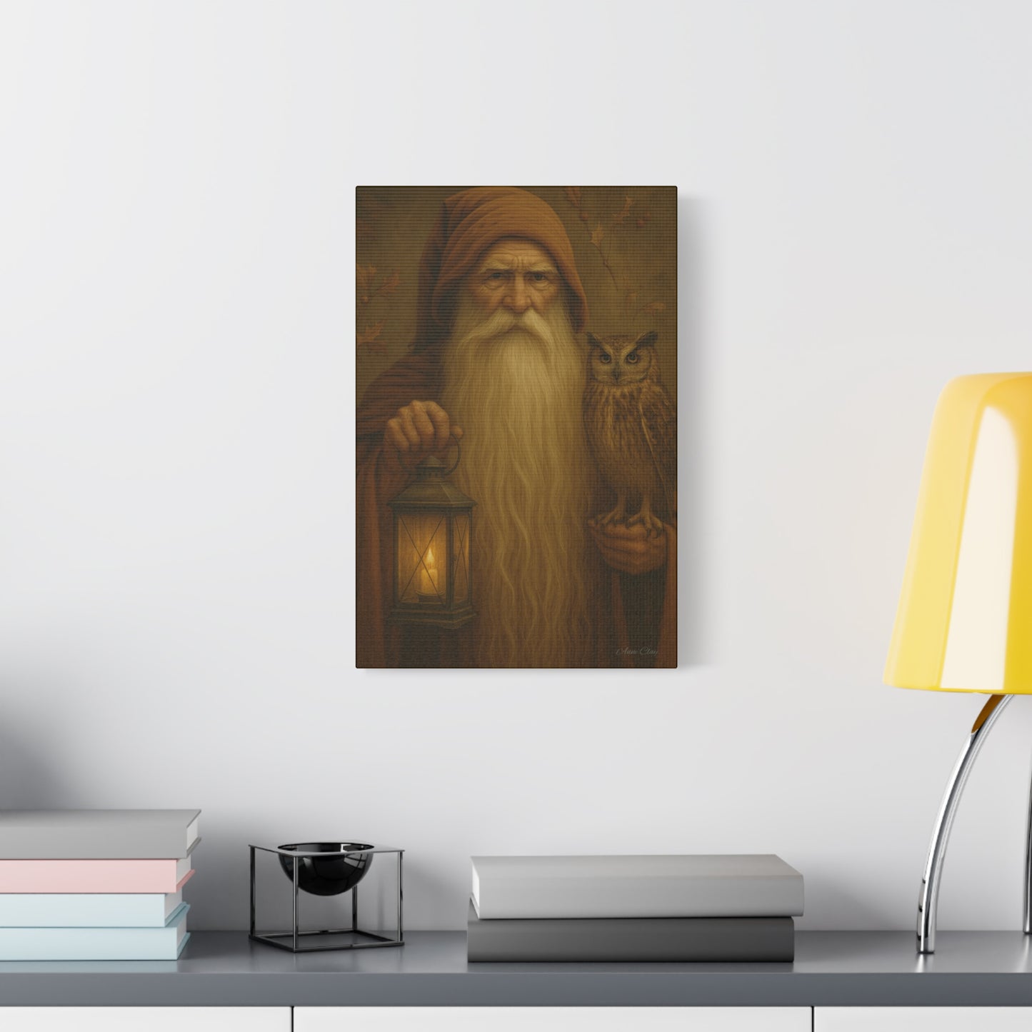 Mystical Canvas Wall Art, Nature Decor, Wizard Artwork, Rustic Home Decor, Owl and Lantern Painting