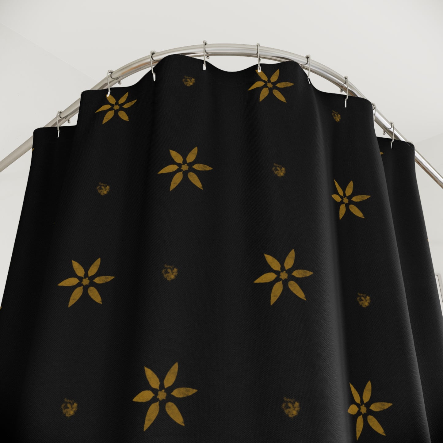 Stenciled Mustard Petals on Black Shower Curtains
