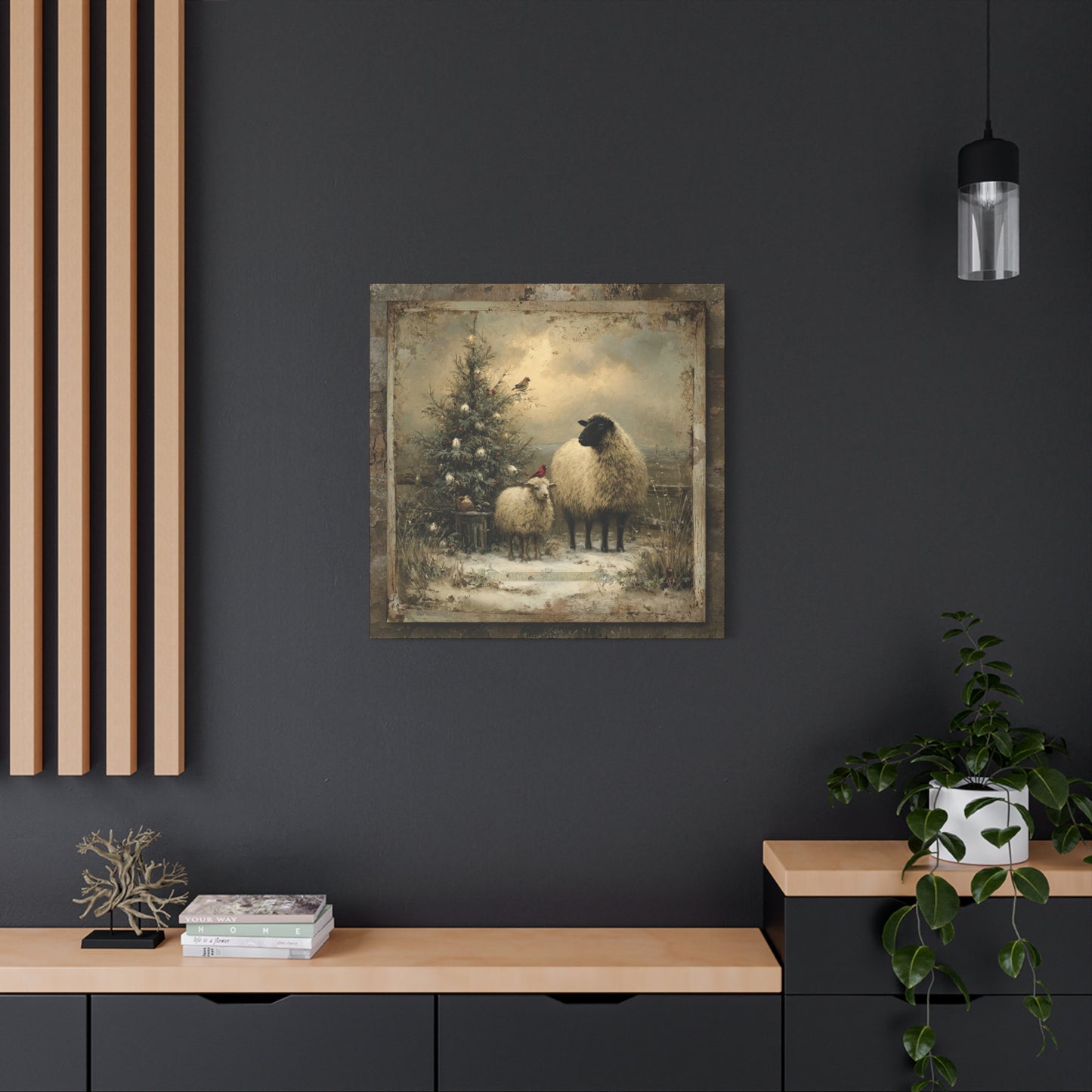 Rustic Sheep Art Canvas Print, Farmhouse Decor, Holiday Wall Art, Cozy Home Vibe, Christmas Sheep Painting, Farmhouse Wall Art