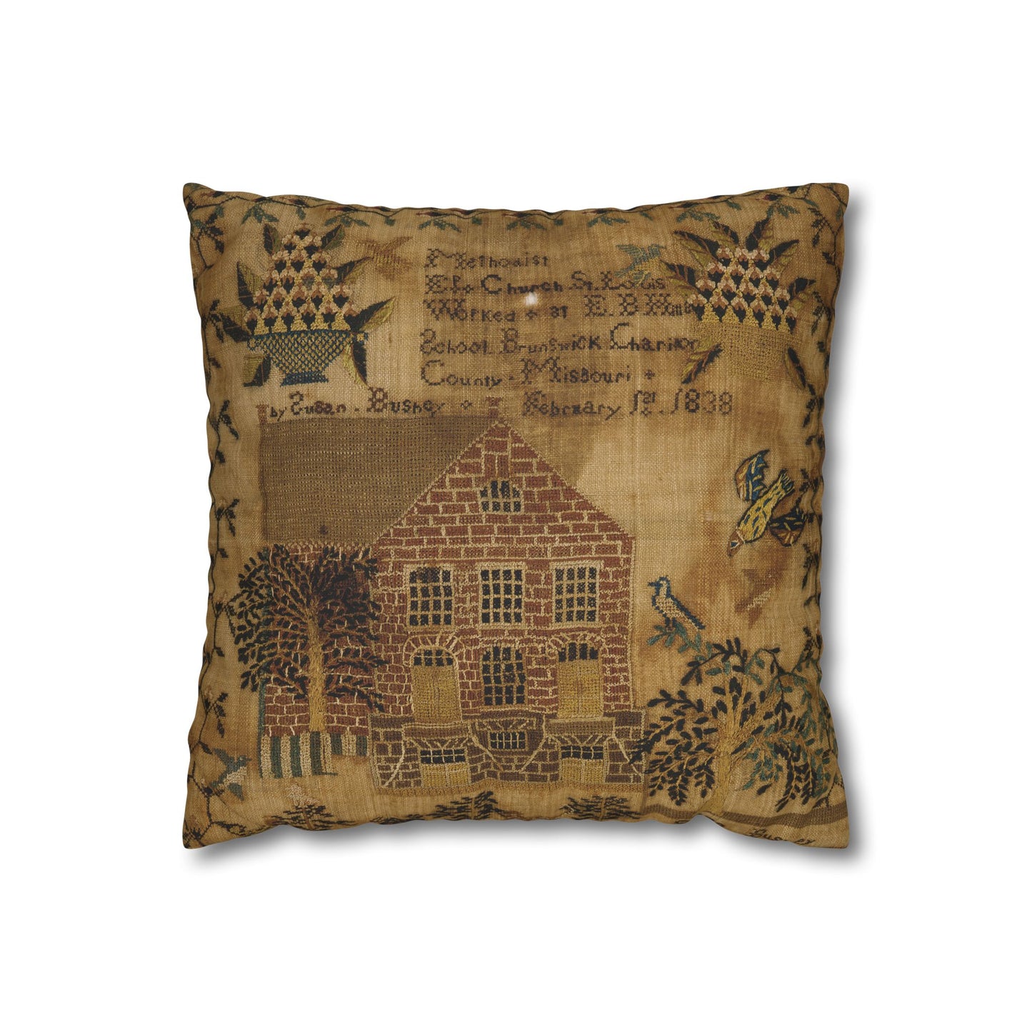 Vintage-Inspired Square Poly Canvas Pillowcase - Rustic Home Decor with Historic Schoolhouse Design