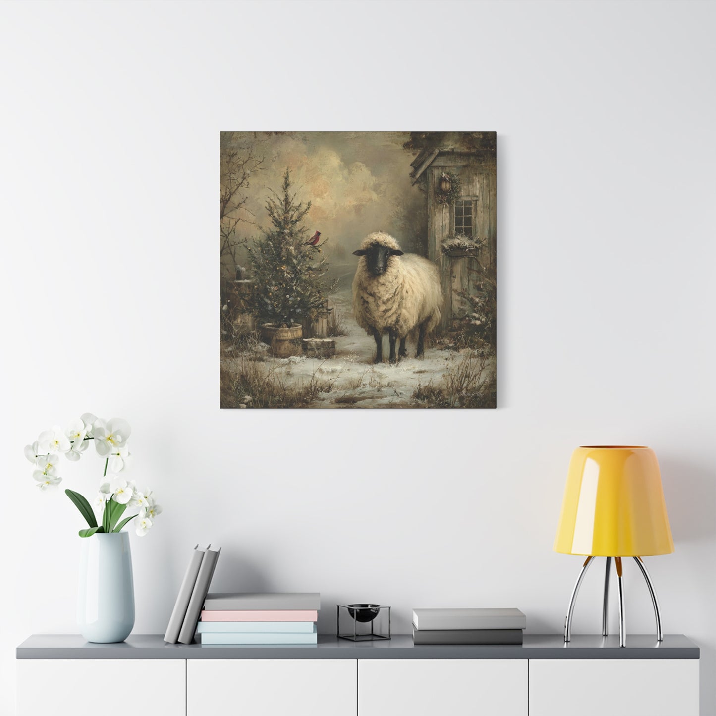 Cozy Farmhouse Canvas Print, Rustic Home Decor, Christmas Wall Art, Sheep Artwork, Winter Landscape Decor, Gift for Animal Lovers
