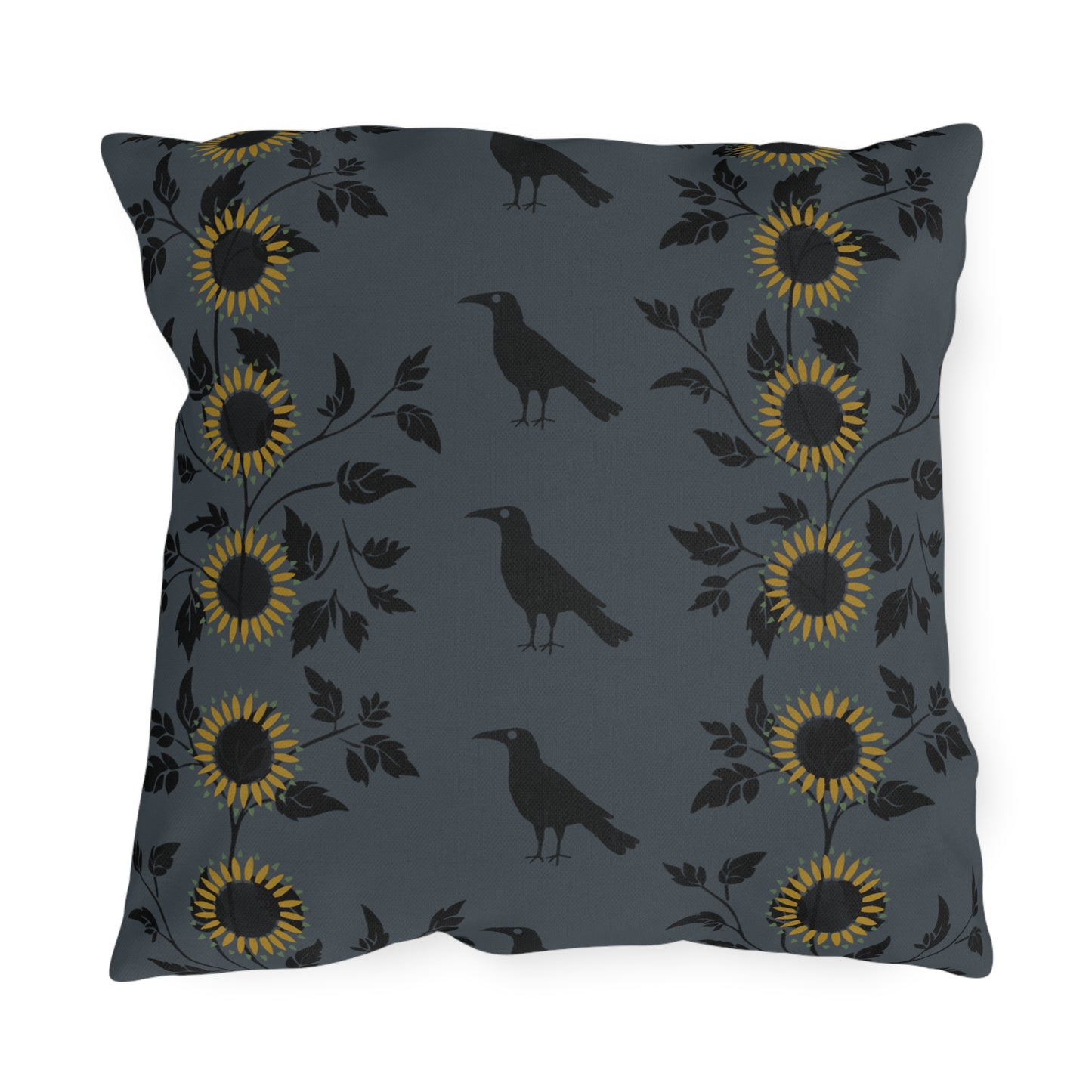 Sunflowers and Crows on Blue Outdoor Pillows