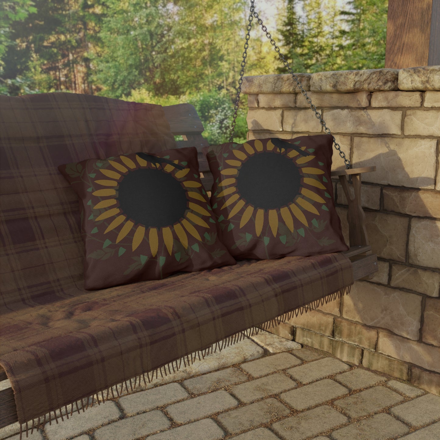 Crow on the Sunflower Red Background Outdoor Pillows