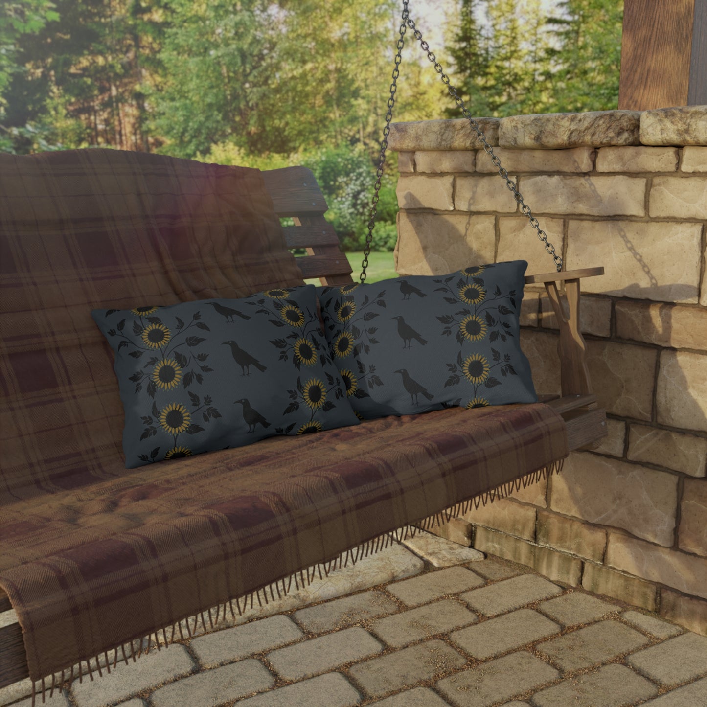 Sunflowers and Crows on Blue Outdoor Pillows