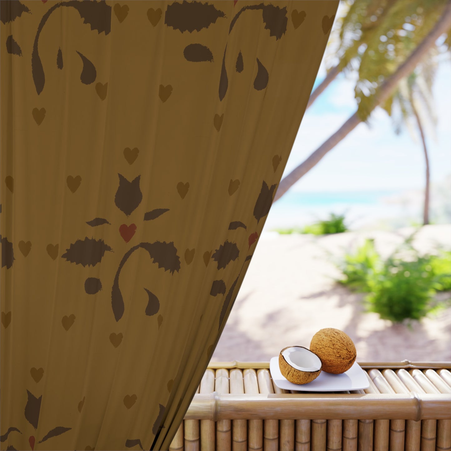 Early American Stencil Shades of Brown and Gold Elegant Floral Window Curtain – Brown Botanical Design