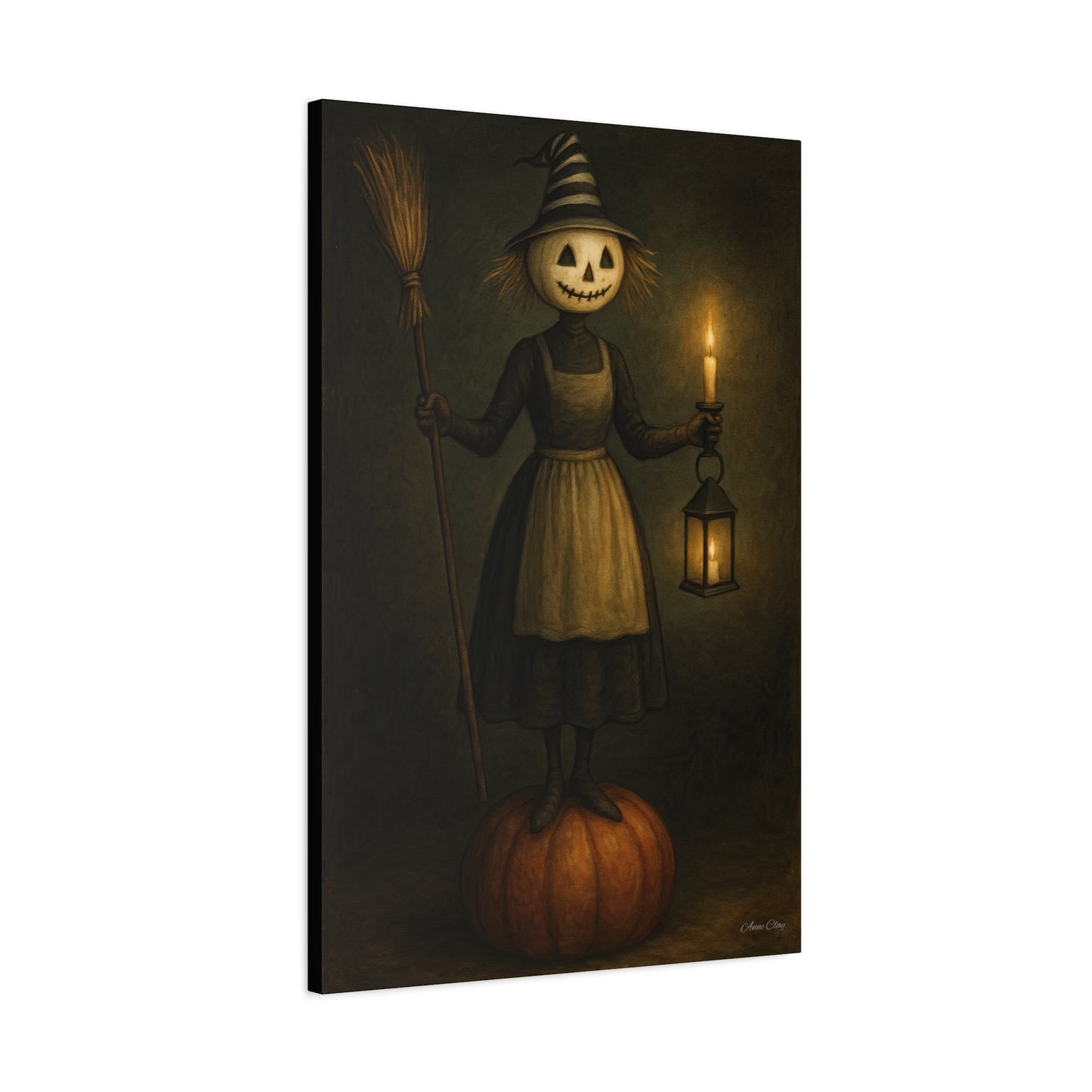 Halloween Witch Canvas Art Print, Spooky Home Decor, Pumpkin Lantern Wall Art, Fall Decoration, Halloween Gift