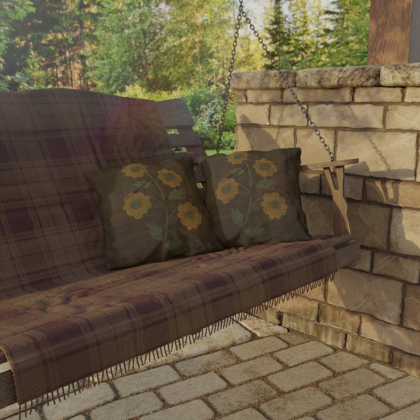 Primitive Distressed Stencil Flower on Brown Outdoor Pillows