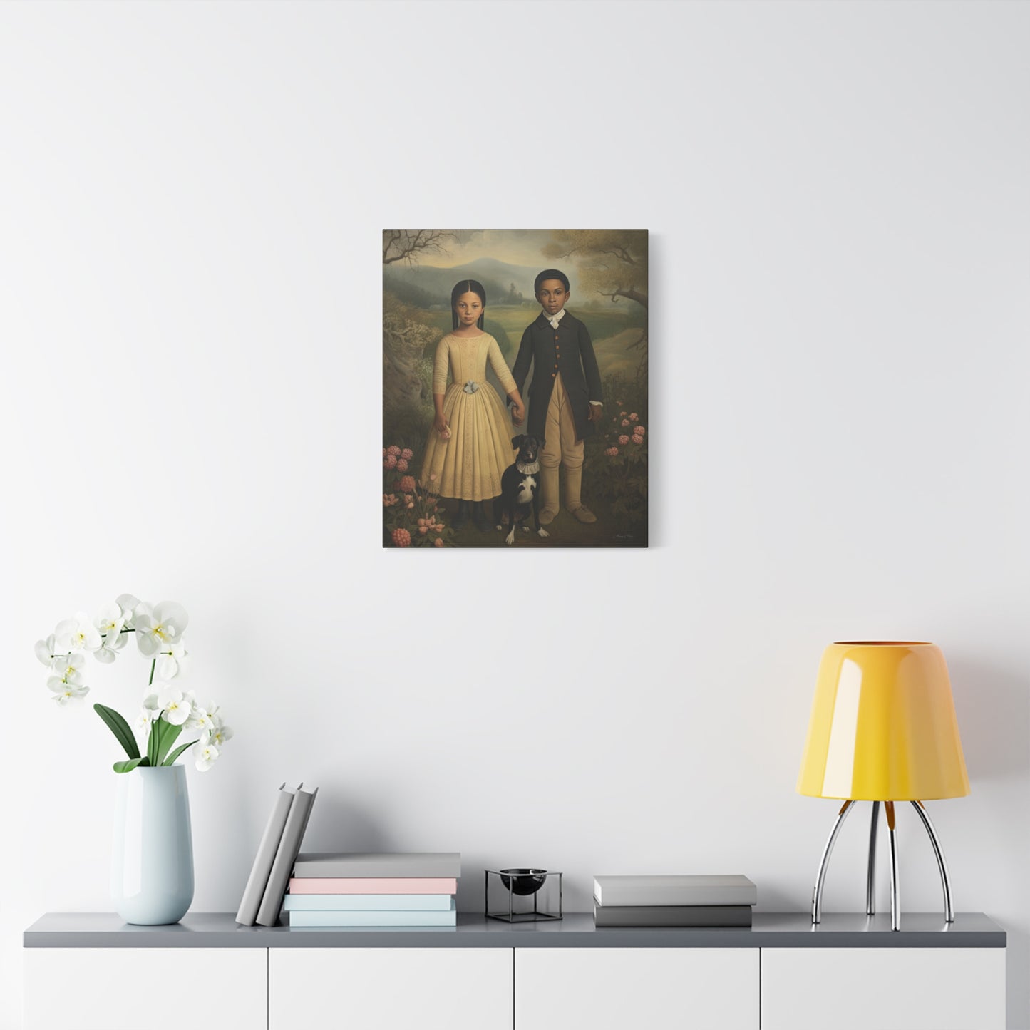 The Twins: Artistic Stretched Canvas Print - Vintage Children and Dog Portrait