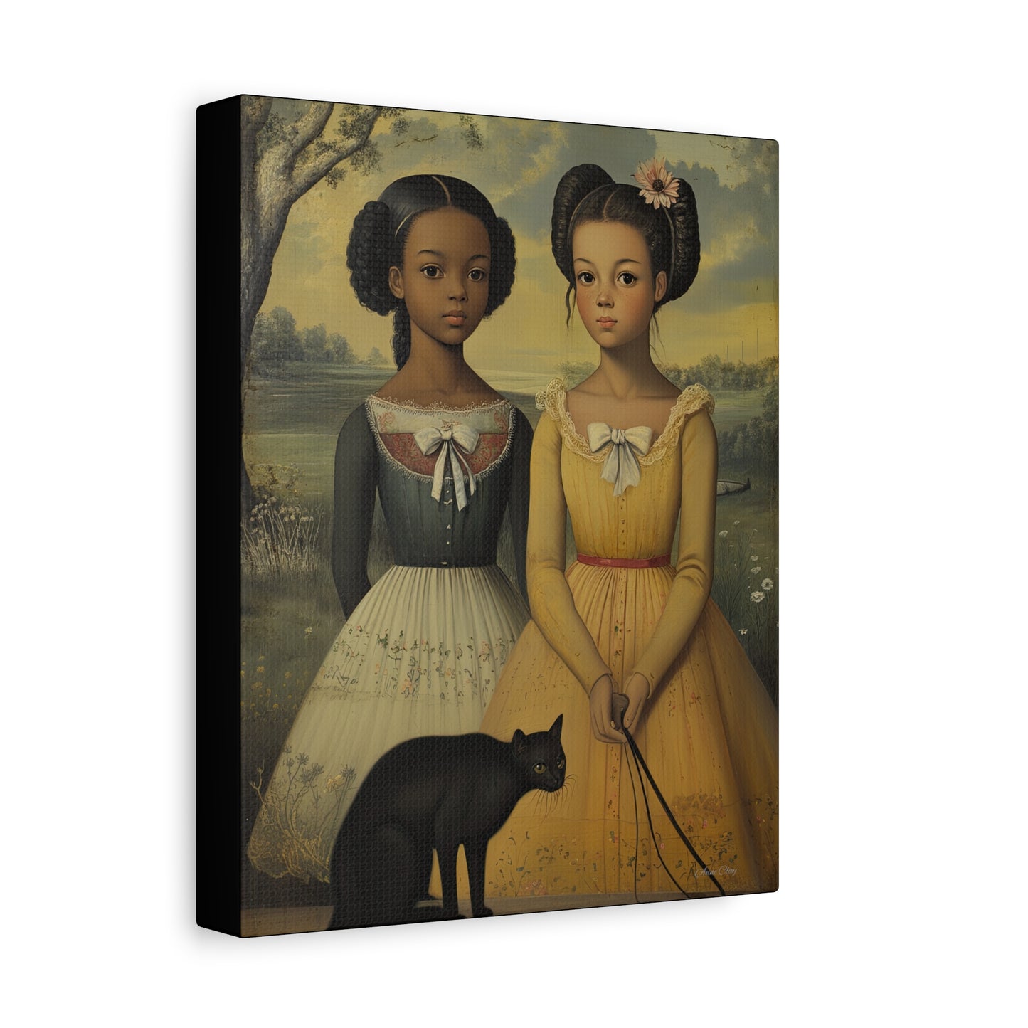 Canvas Wall Art, Timeless Sisters and Black Cat Portrait, Home Decor, Art Gift for Her, Vintage-Inspired Decoration