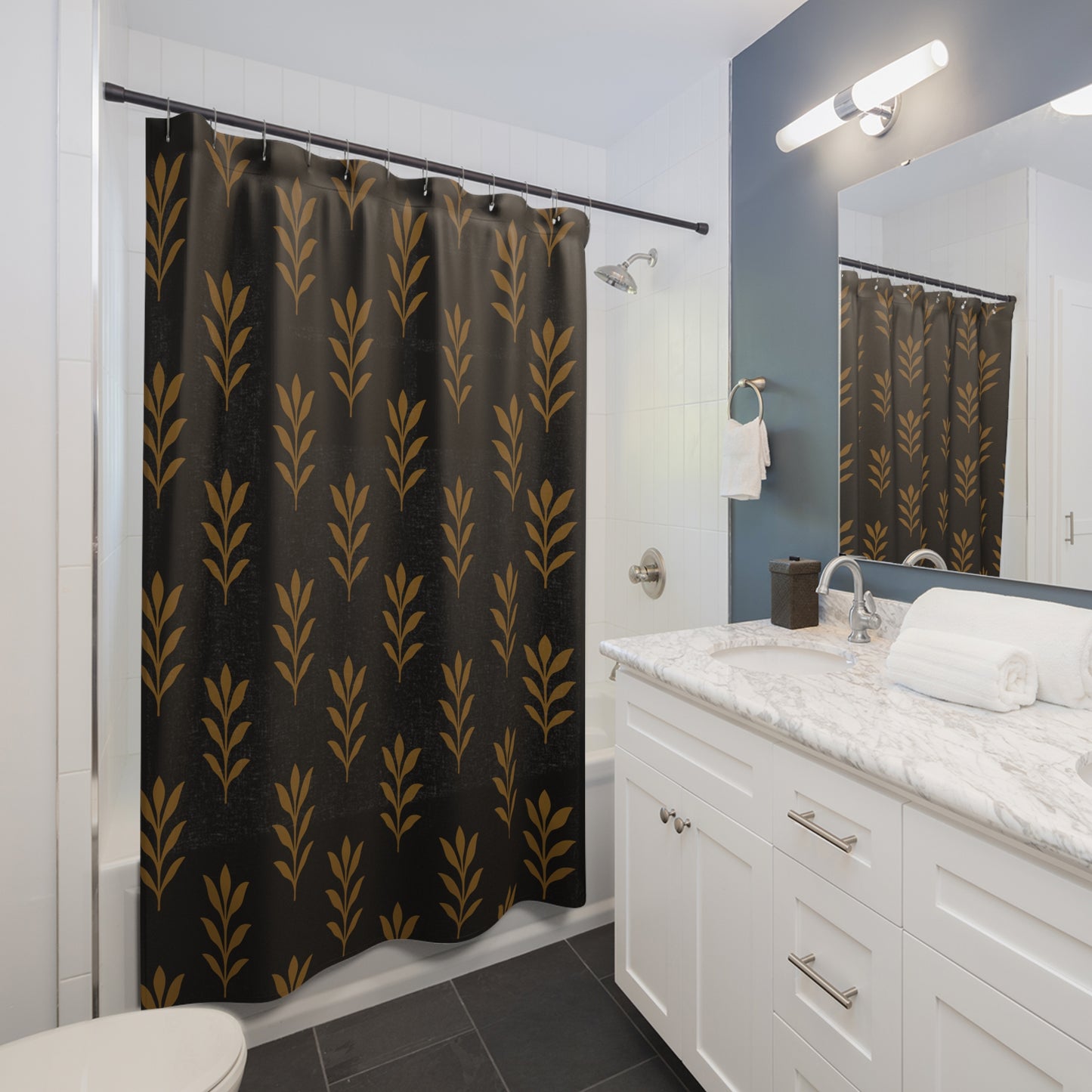 Elegant Leaf Pattern Shower Curtain | Modern Bathroom Decor, Boho Chic, Gift for Home, Leafy Design, Black and Gold