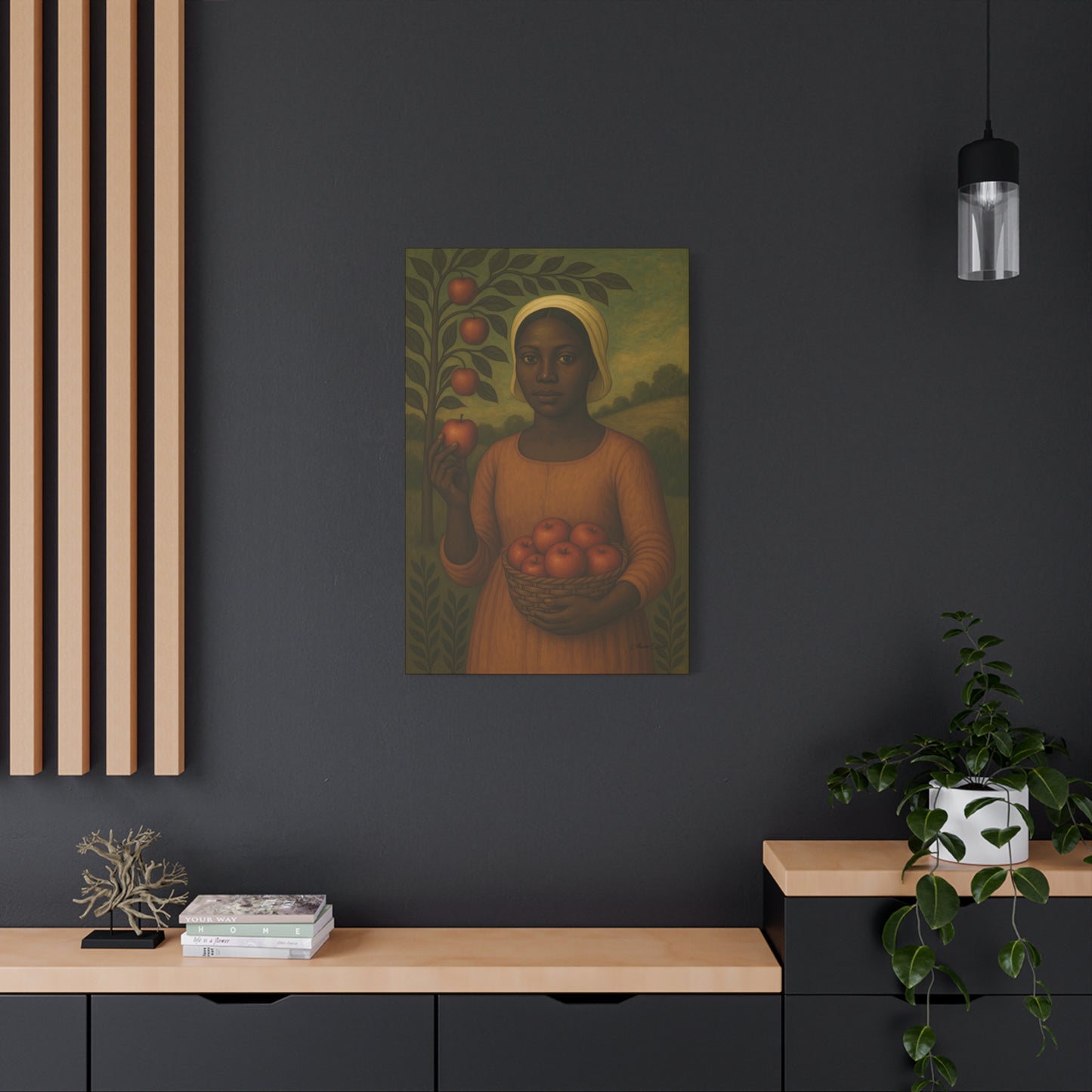 Autumn Harvest Primitive Folk Portrait of a Woman with Apples