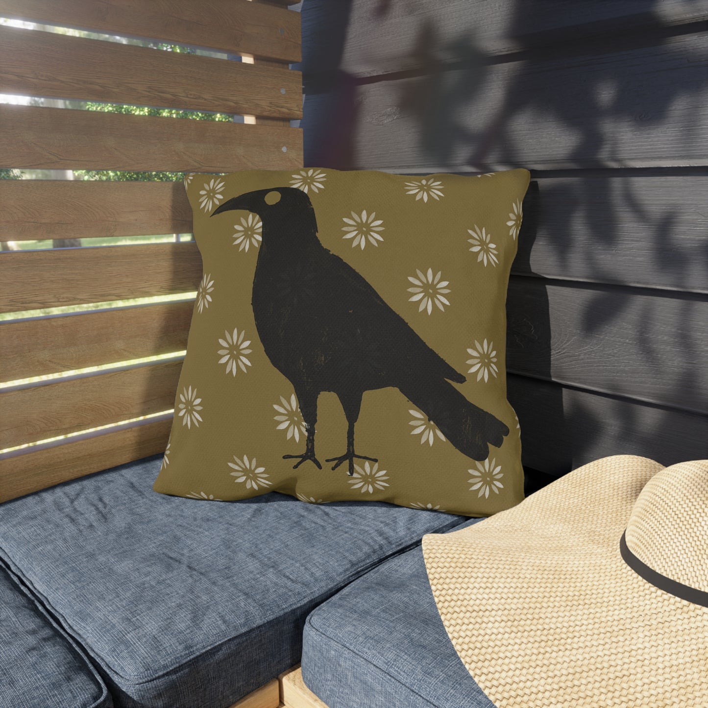 Crow on Petal Stencil Outdoor Pillows