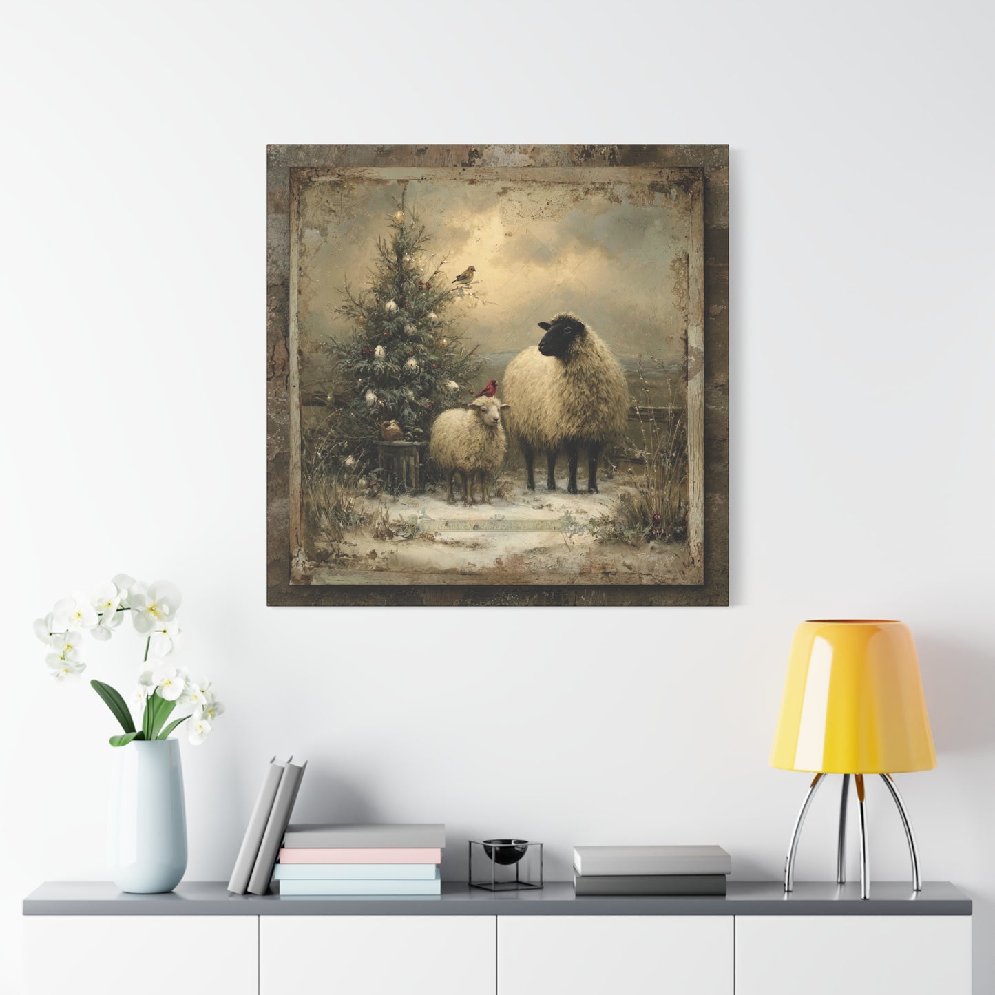 Rustic Sheep Art Canvas Print, Farmhouse Decor, Holiday Wall Art, Cozy Home Vibe, Christmas Sheep Painting, Farmhouse Wall Art