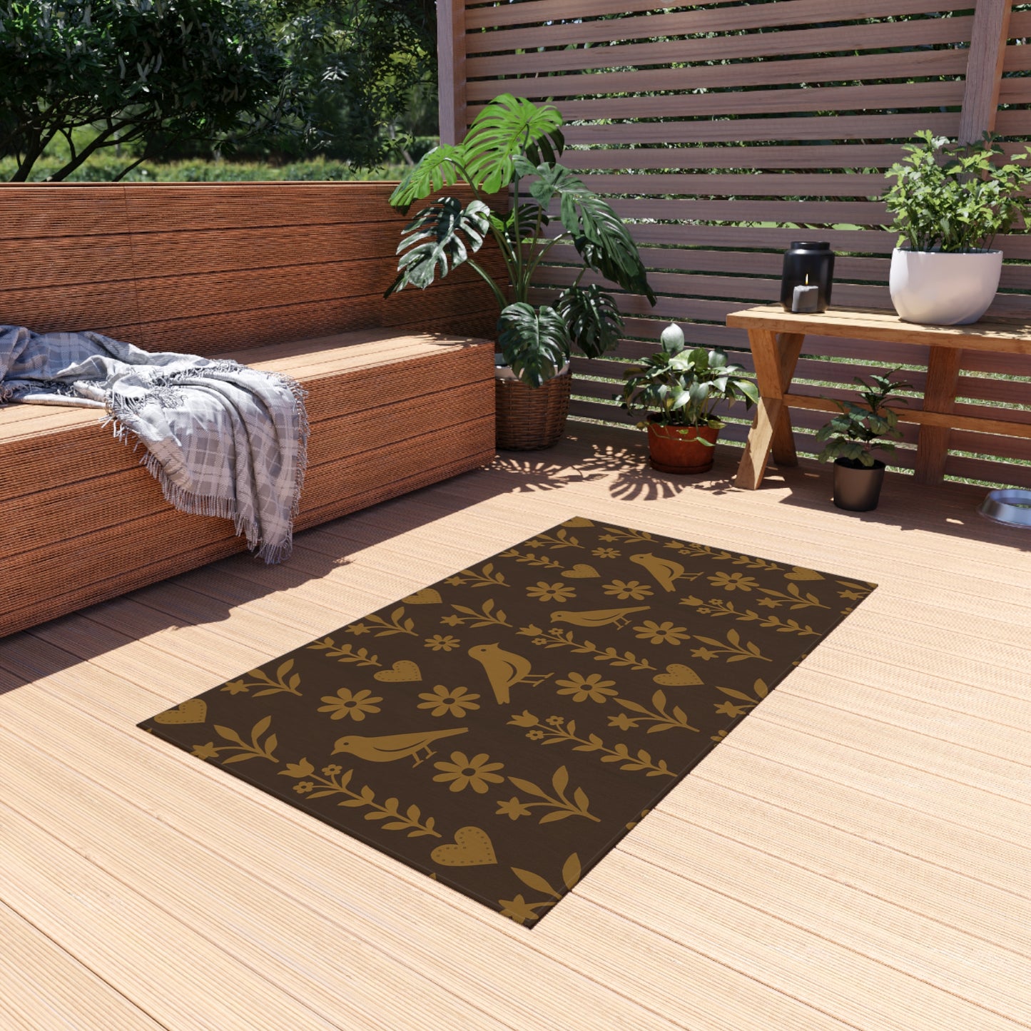 Charming Outdoor Rug for Patios, Gardens, Camping, Bohemian Decor, Bird Pattern, Seasonal Decorating