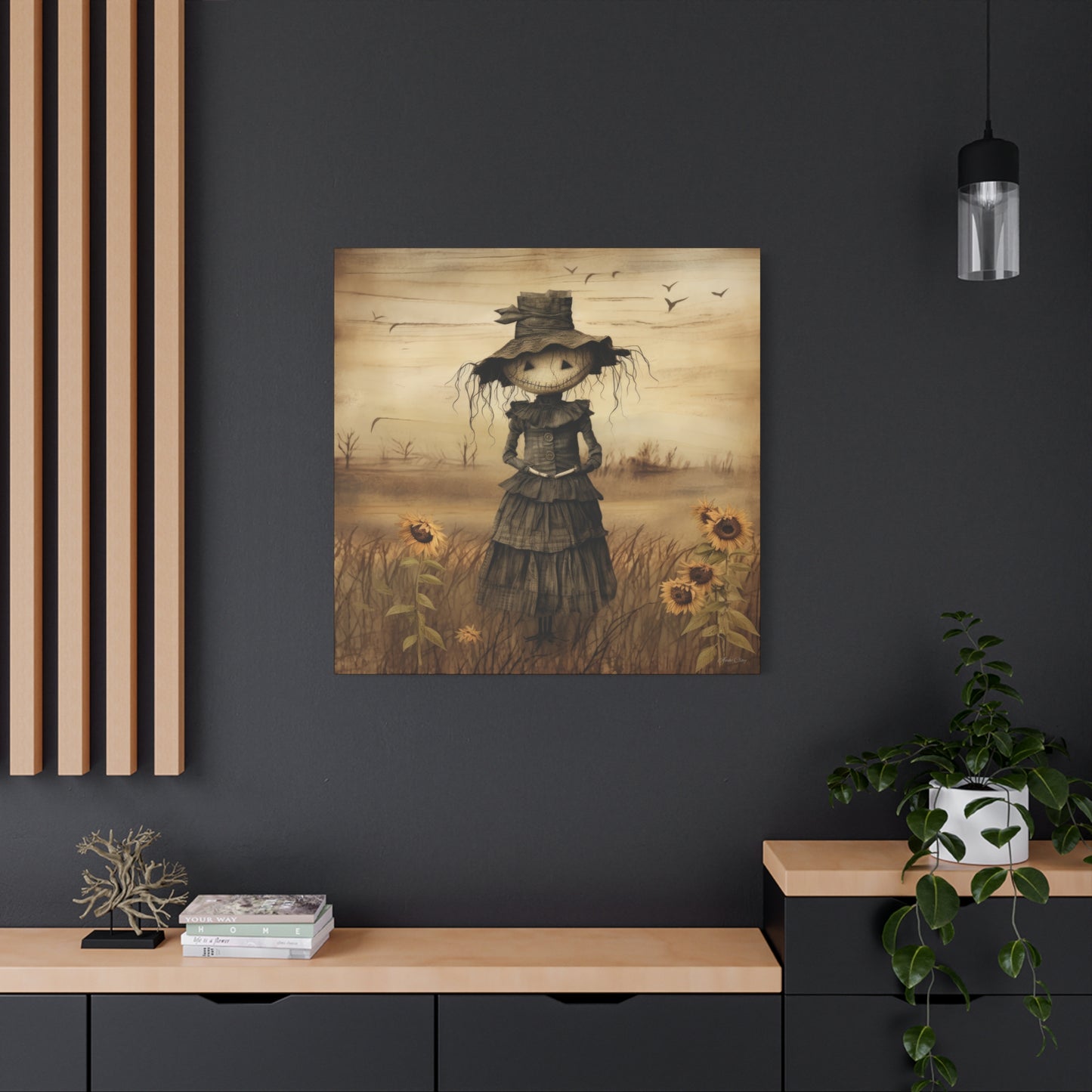 Halloween Scarecrow Canvas, Spooky Fall Decor, Autumn Wall Art, Trick or Treat Decoration, Scary Halloween Artwork, Pumpkin and Crow Design