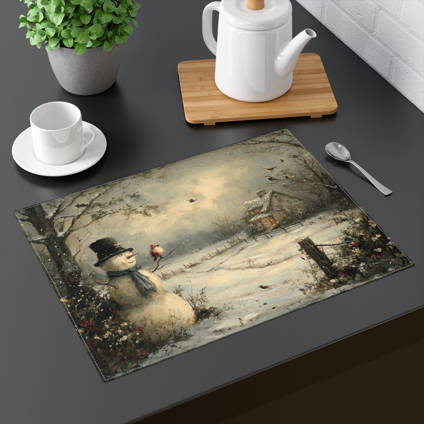 Winter Wonderland Placemat, Snowman Table Setting, Holiday Dinner Decor, Seasonal Dining Accessory, Christmas Tableware, Festive Home Decor