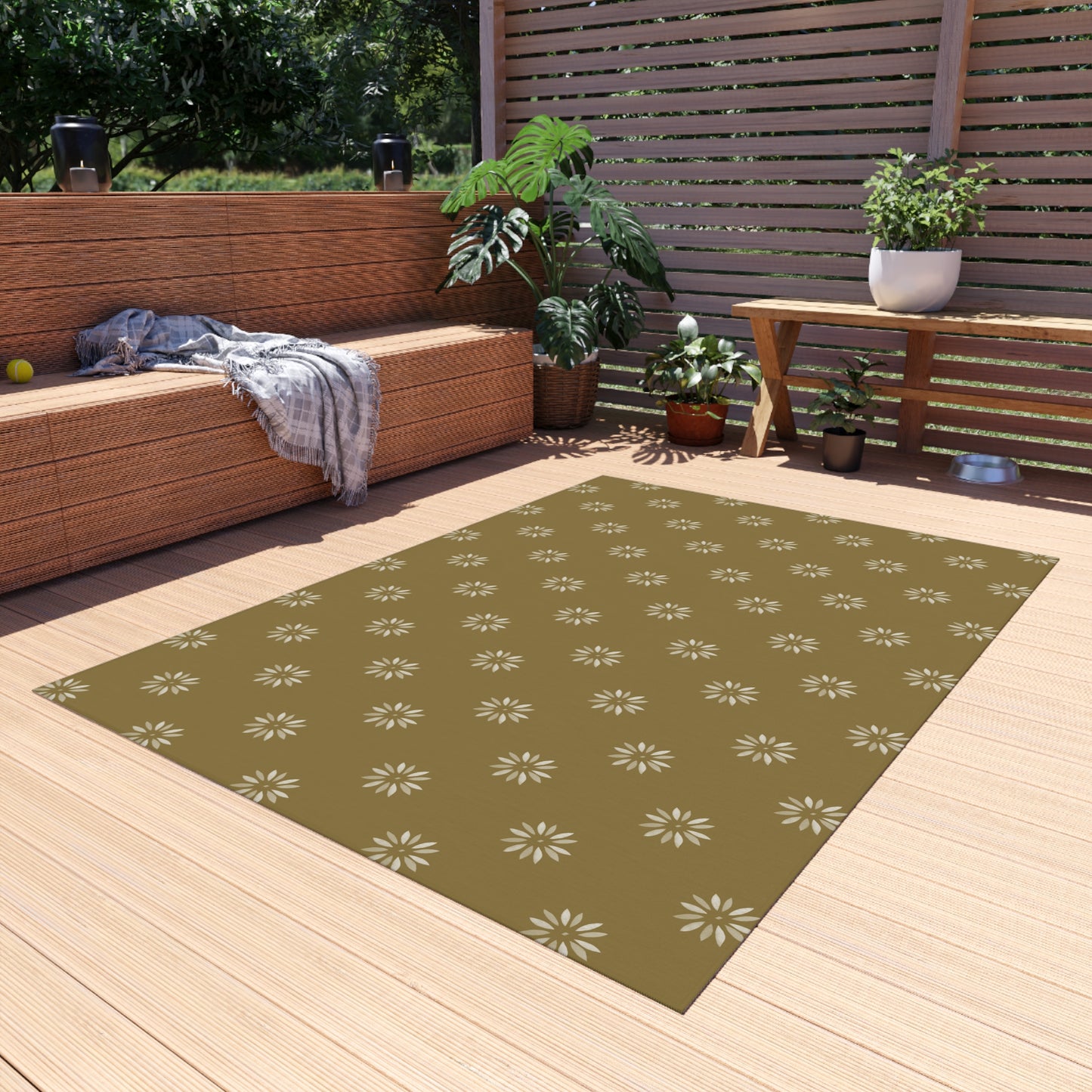 Cream Daisy on light green/gold Outdoor Rug