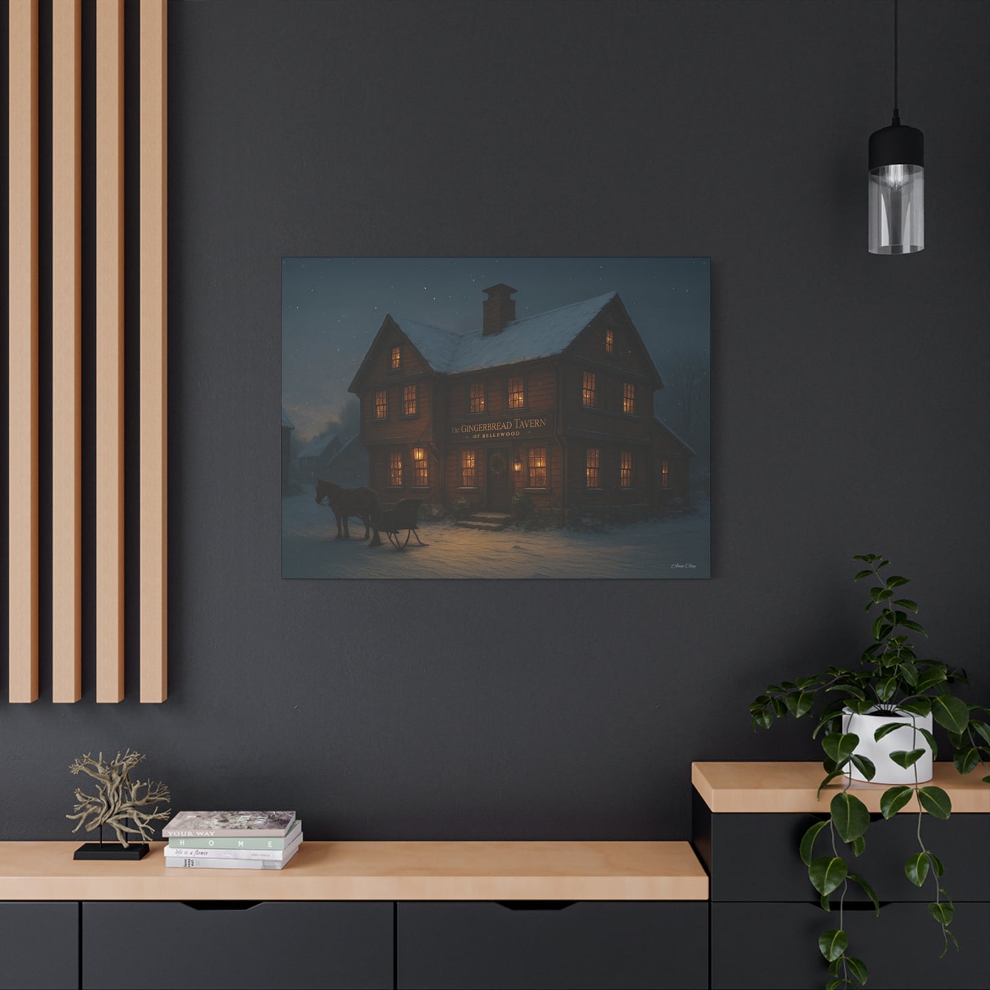 Gingerbread Tavern Winter Night Matte Stretched Canvas