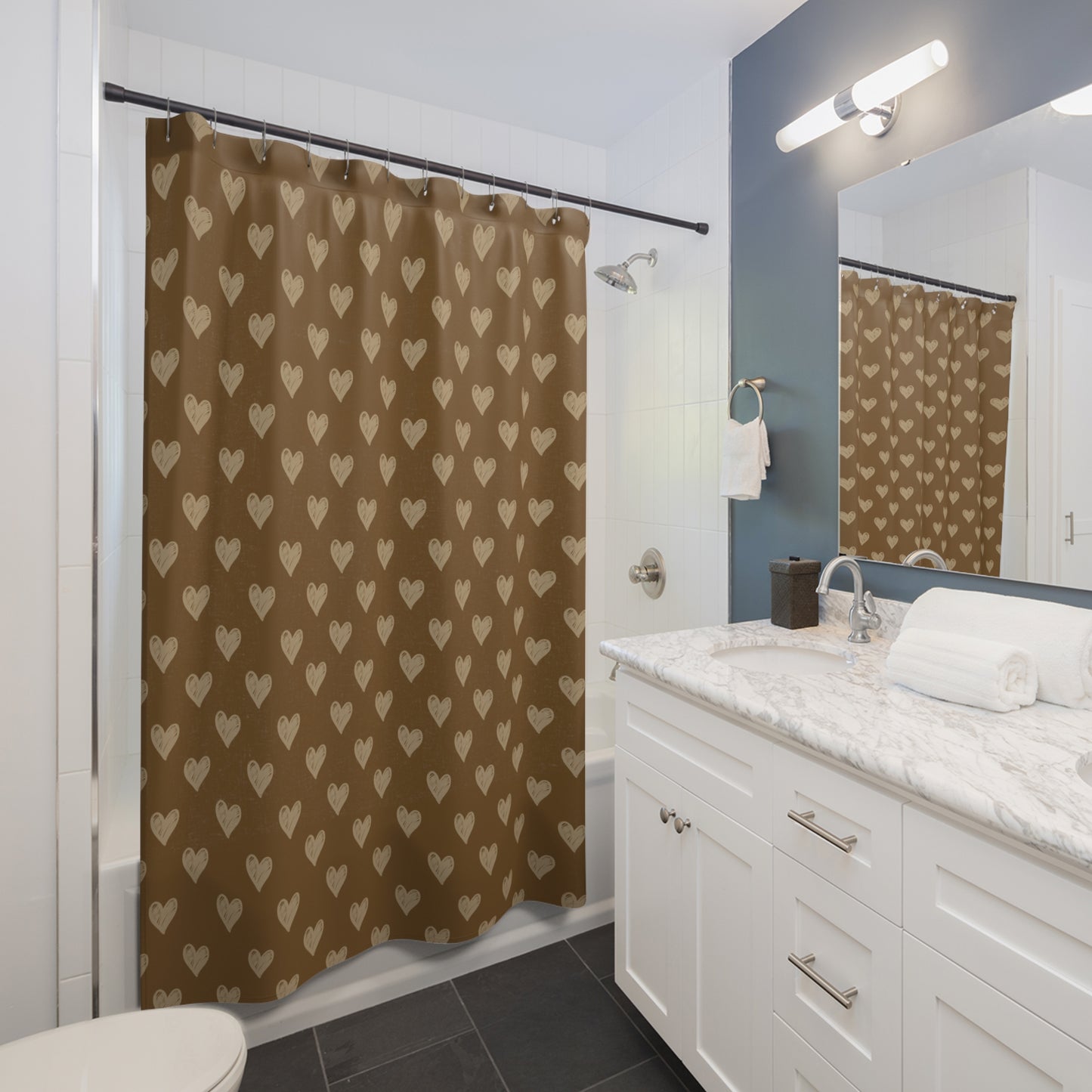 Cream Hearts on Latte Shower Curtains