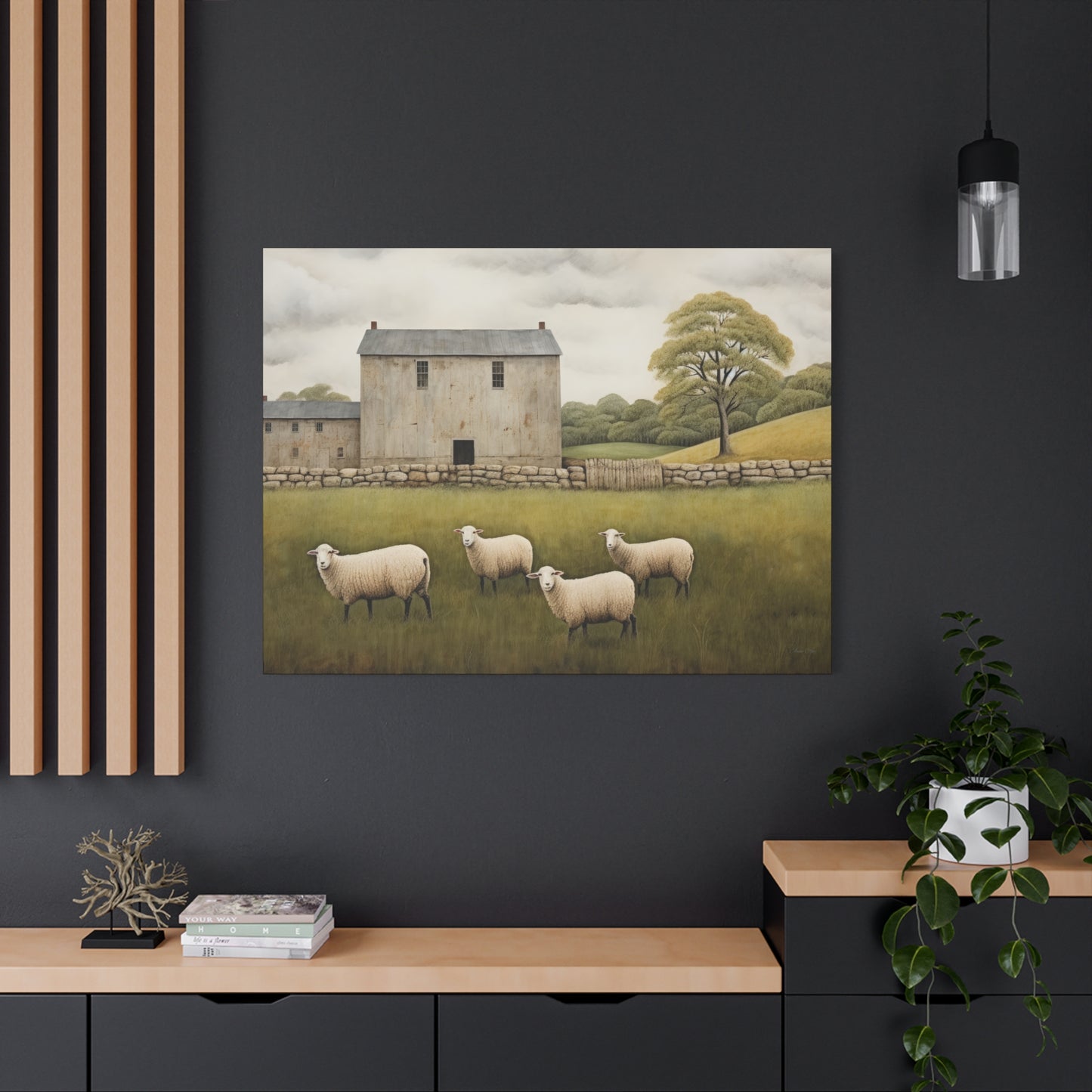 Rustic Farmhouse Canvas Wall Art with Sheep Landscape