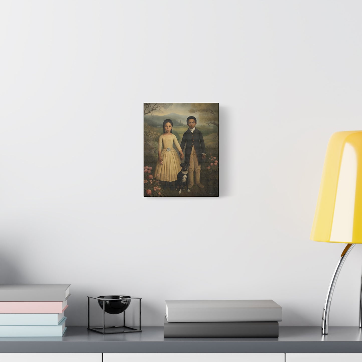 The Twins: Artistic Stretched Canvas Print - Vintage Children and Dog Portrait