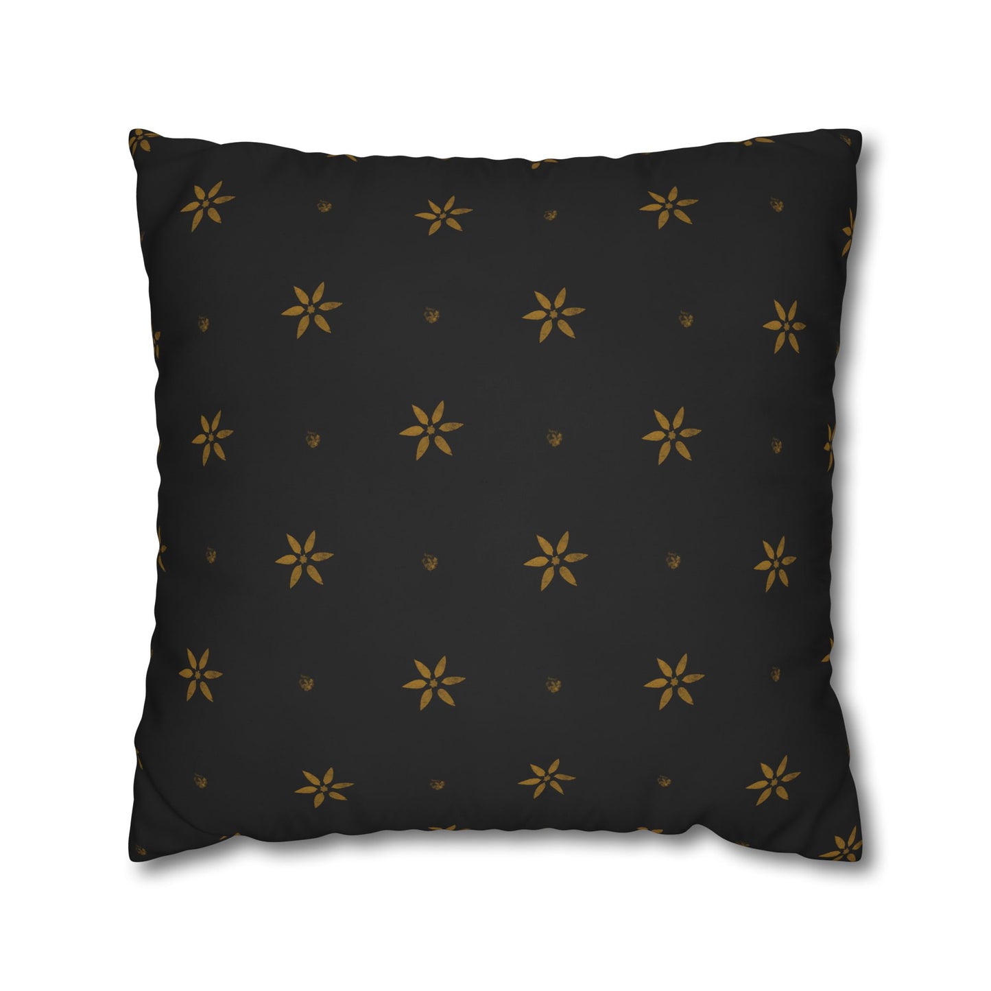 Stencilled Mustard Petals on Black Square Poly Canvas Pillowcase
