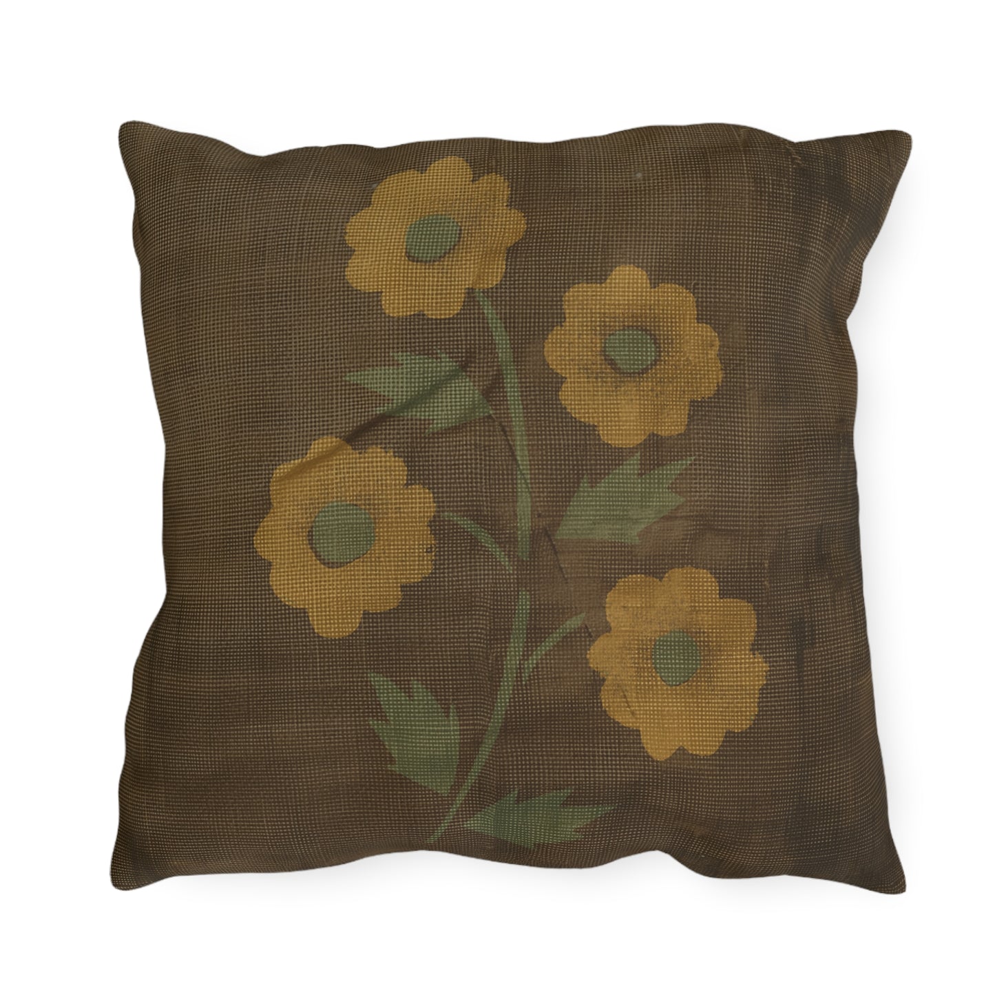 Primitive Distressed Stencil Flower on Brown Outdoor Pillows