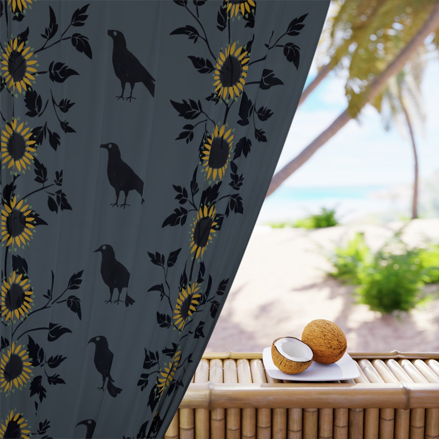 Sunflowers and Crows on Blue Window Curtains (1 Piece)
