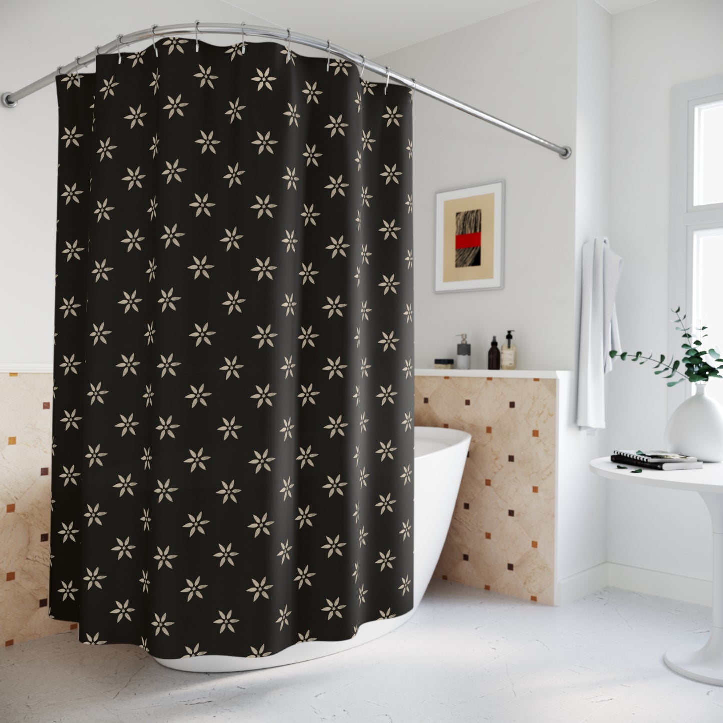 Cream on Black Elegant Early American Stencil Floral Shower Curtain - Chic Bathroom Decor