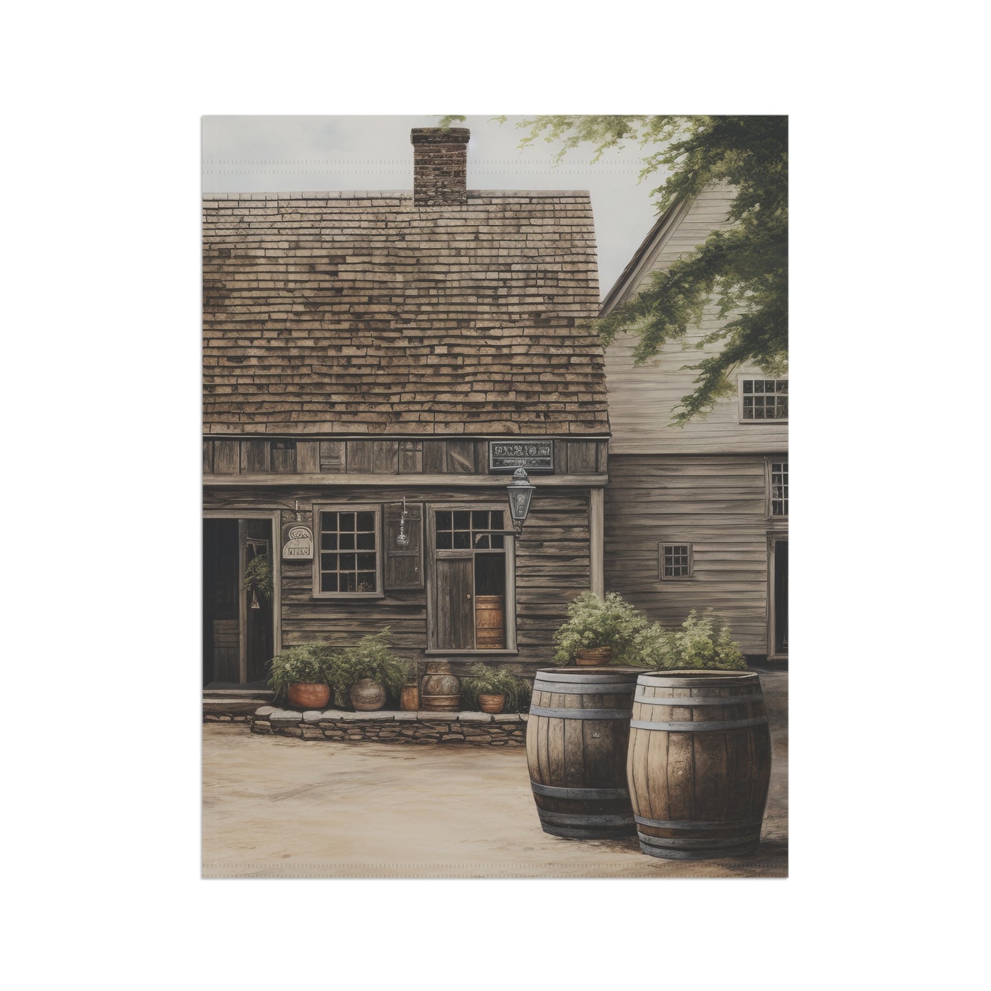 Barrels by an Old Village Garden & House Banner