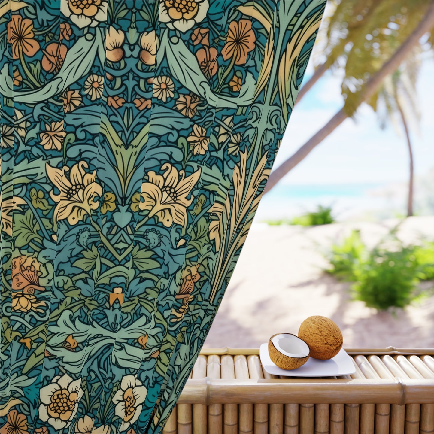 Aqua Victorian William Morris Style Window Curtains (1 Piece)