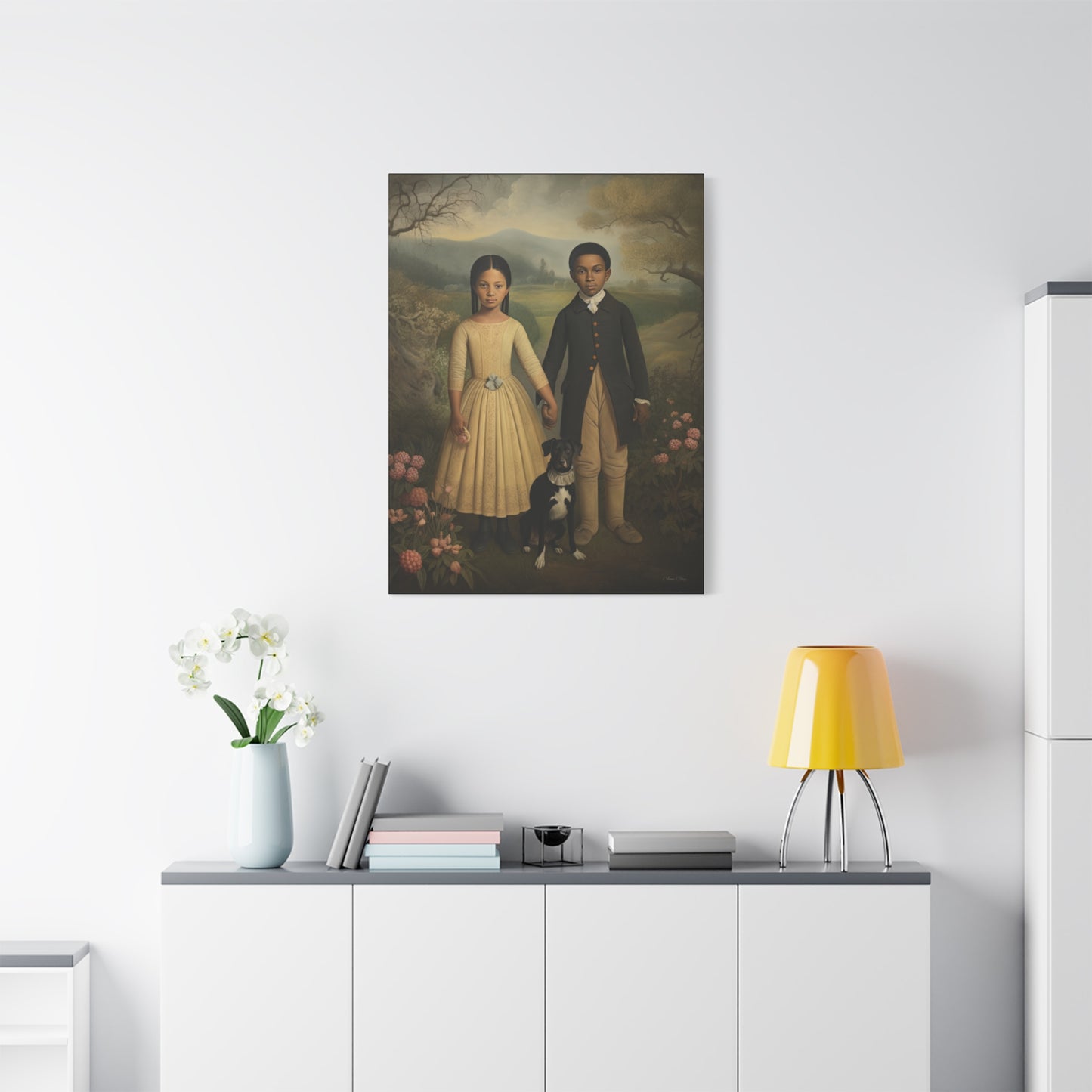 The Twins: Artistic Stretched Canvas Print - Vintage Children and Dog Portrait