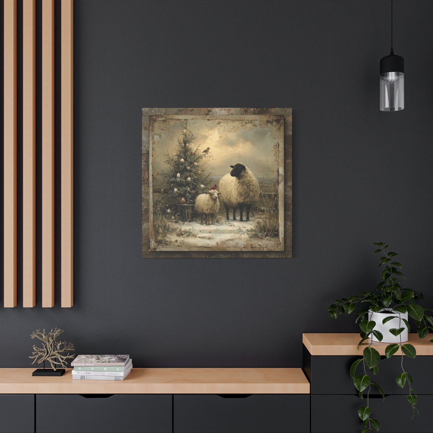 Rustic Sheep Art Canvas Print, Farmhouse Decor, Holiday Wall Art, Cozy Home Vibe, Christmas Sheep Painting, Farmhouse Wall Art
