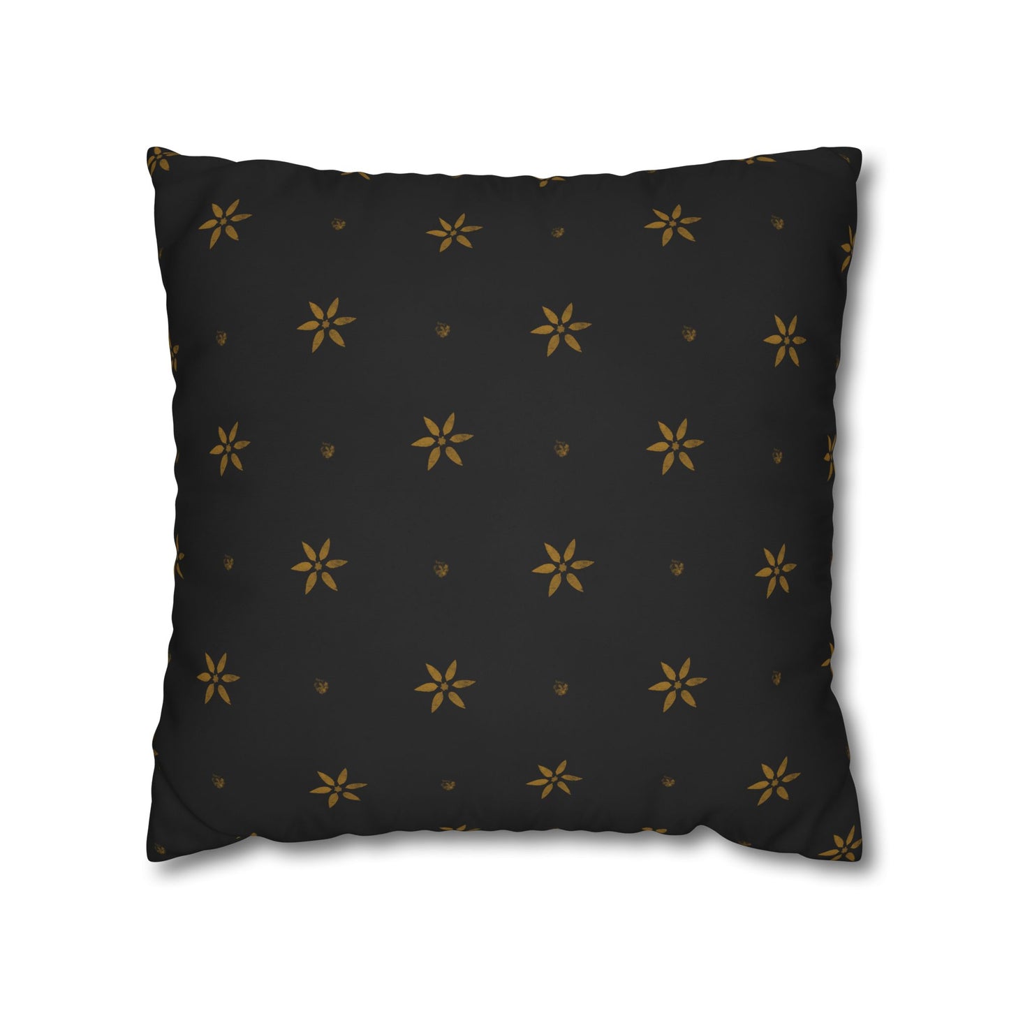 Stencilled Mustard Petals on Black Square Poly Canvas Pillowcase