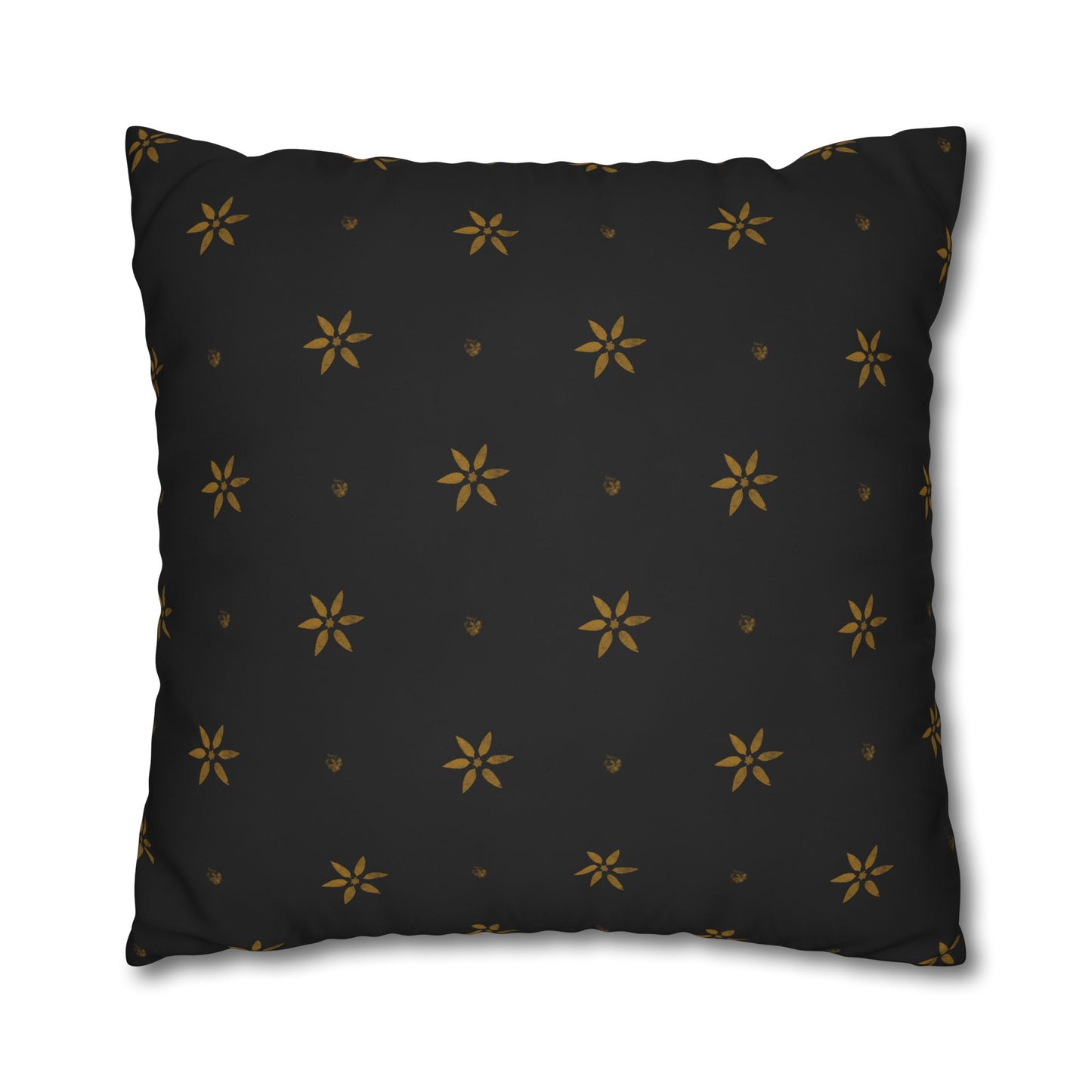 Stencilled Mustard Petals on Black Square Poly Canvas Pillowcase