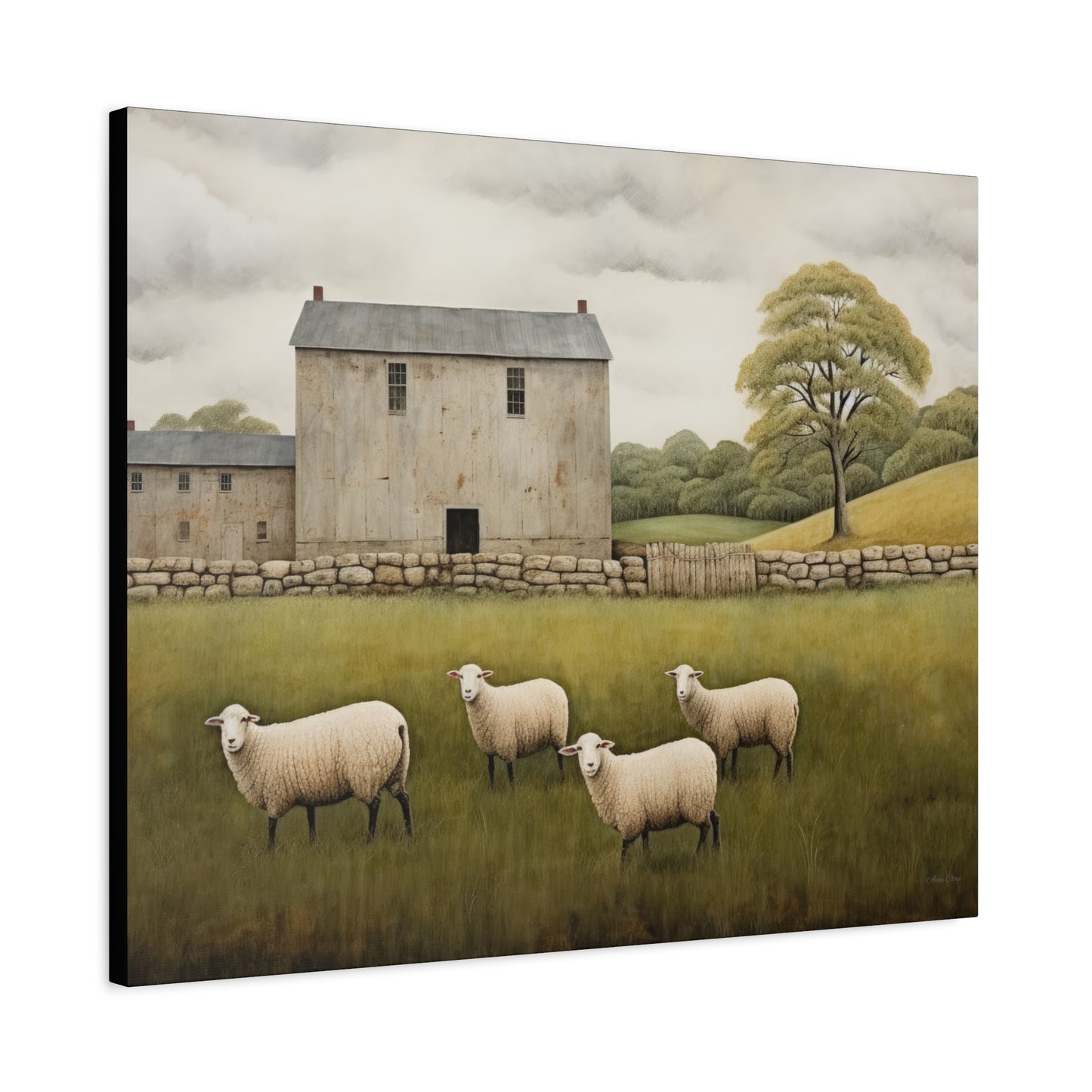 Rustic Farmhouse Canvas Wall Art with Sheep Landscape