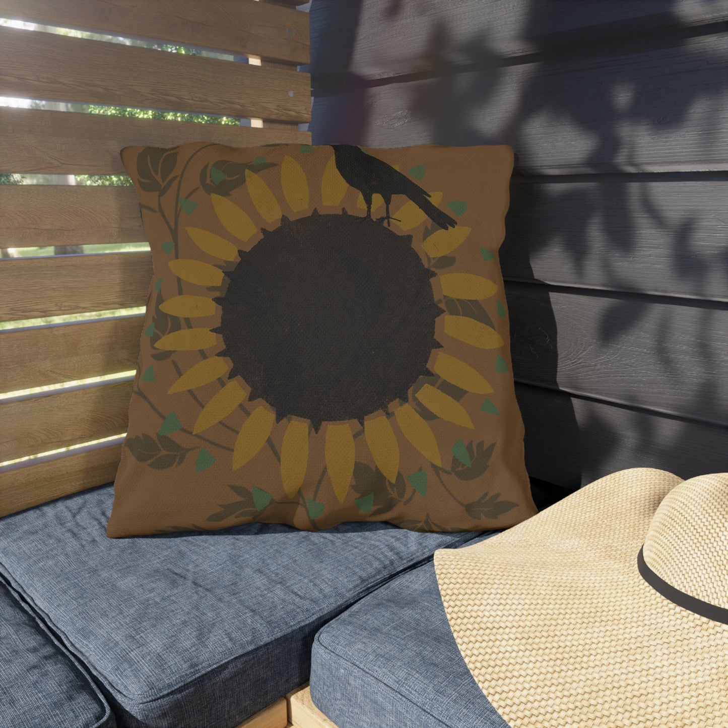 Crow on Sundlfoew Stencil on Gold Outdoor Pillows