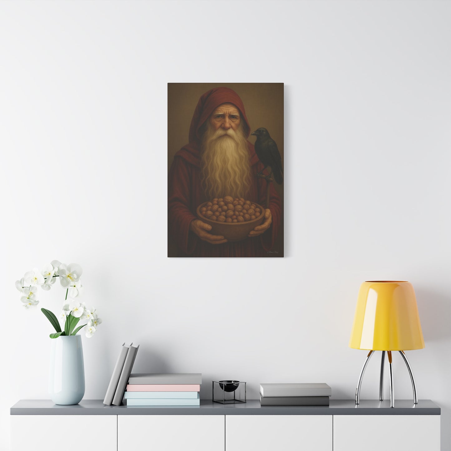 Canvas Wall Art, Old World Santa with Crow and nuts, Home Decor, Gift for Nature Lovers, Primitive Art