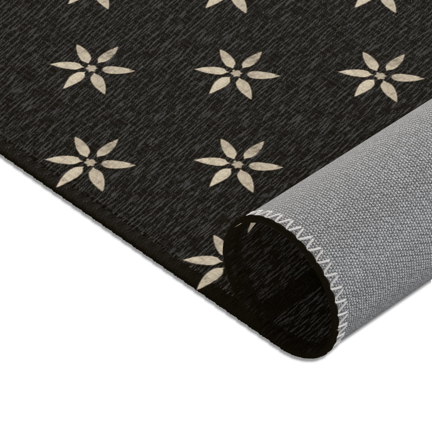 Large Cream Stencil Petals on Black Stylish Floral Area Rug, Cozy Home Decor, Modern Living Room Accent,