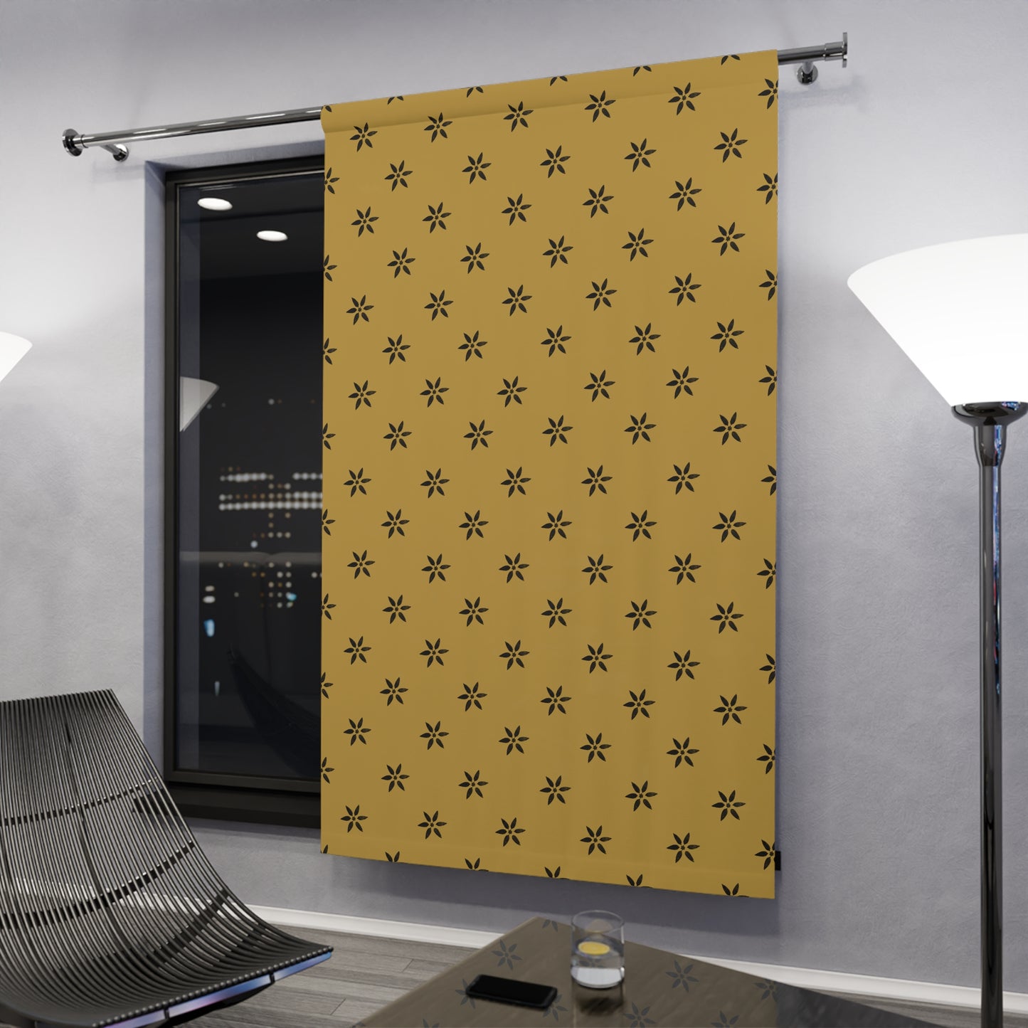 Early American Stencil Black on Mustard Boho Floral Window Curtain – Stylish Home Decor for Cozy Spaces
