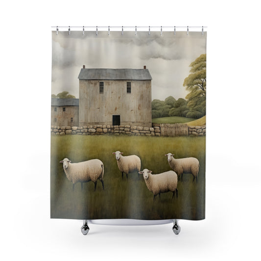 Rustic Farmhouse Shower Curtain with Sheep Design - Cozy Home Decor