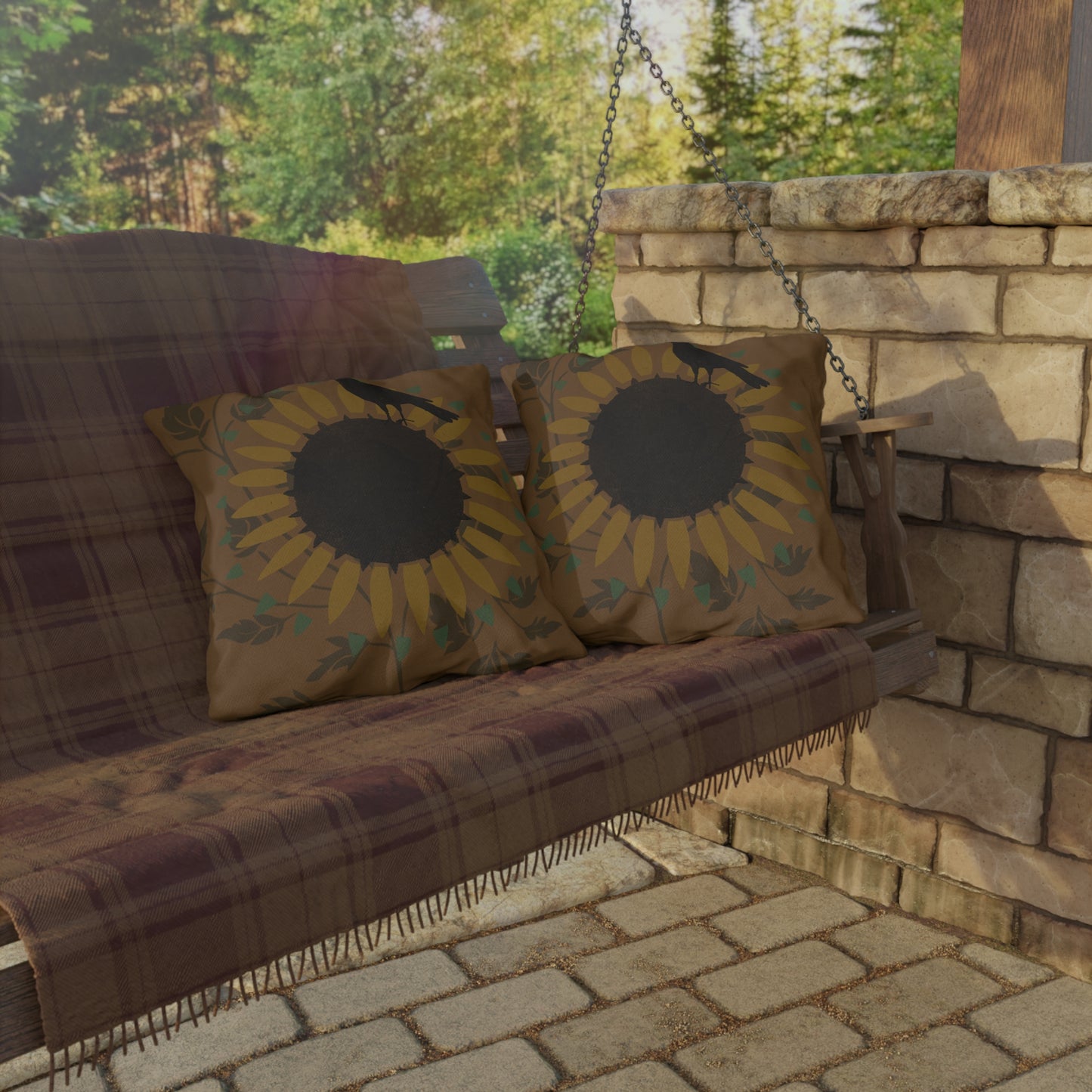 Crow on Sundlfoew Stencil on Gold Outdoor Pillows