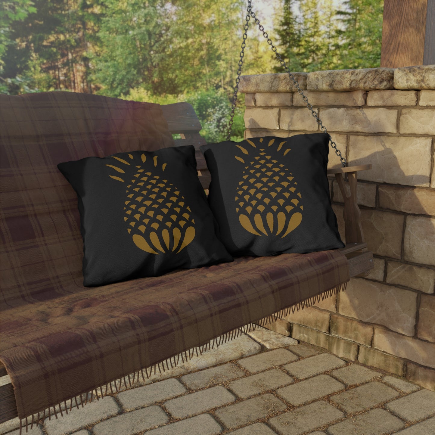 Mustard Pineapple on Black Outdoor Pillows