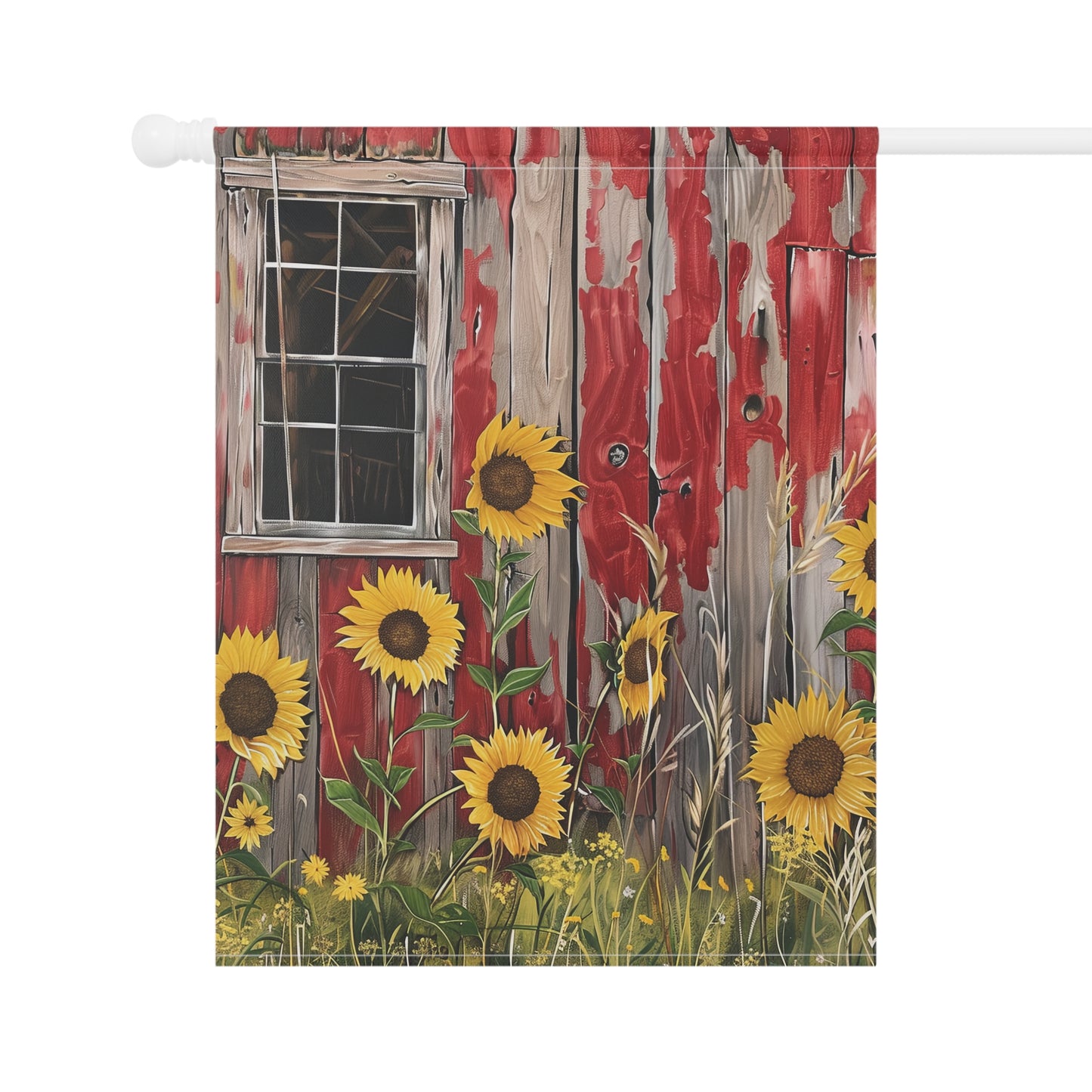 Sunflowers on a Red Barn Garden & House Banner