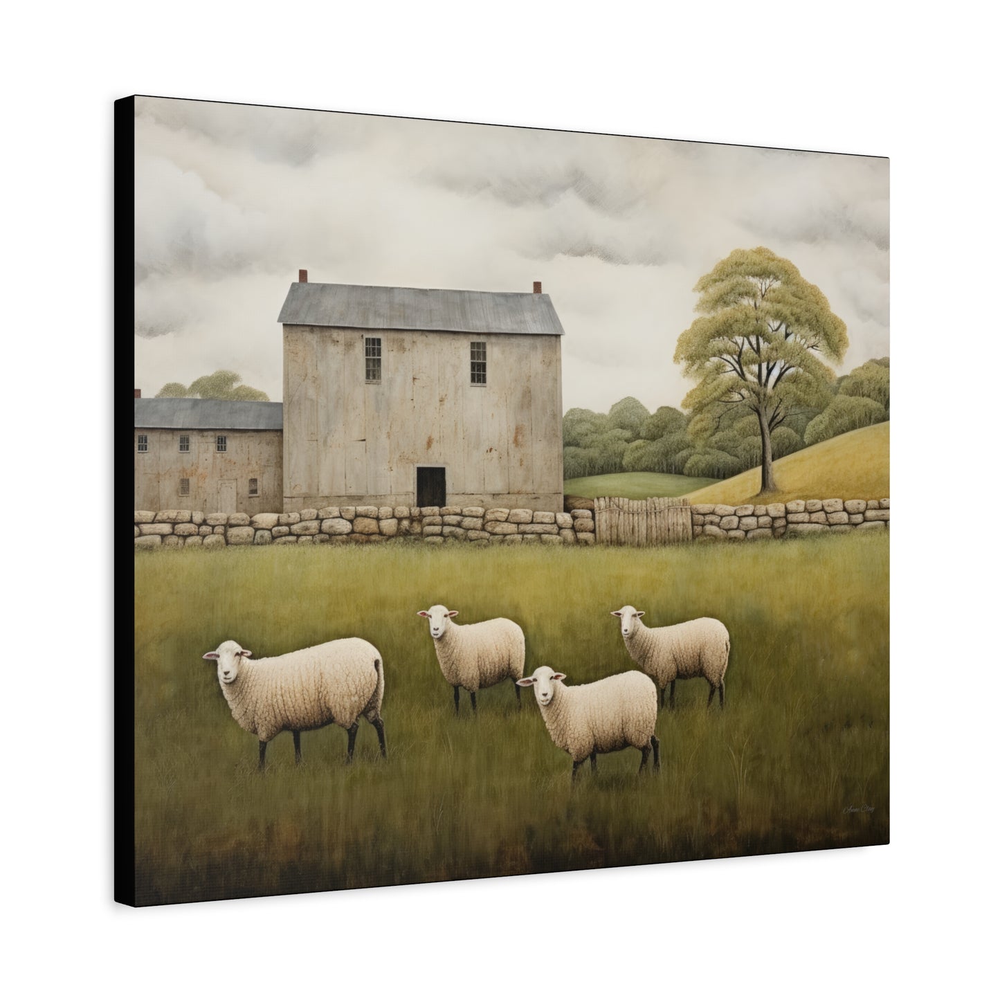 Rustic Farmhouse Canvas Wall Art with Sheep Landscape