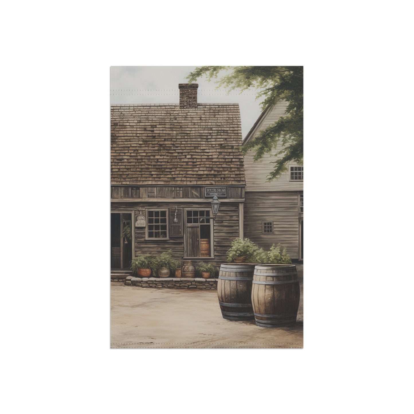 Barrels by an Old Village Garden & House Banner