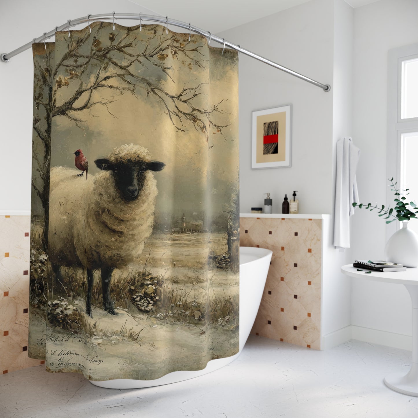 Rustic Animal Shower Curtain with Sheep and Cardinal Design, Farmhouse Decor, Bathroom Accessories, Gift for Nature Lovers, Cozy Home