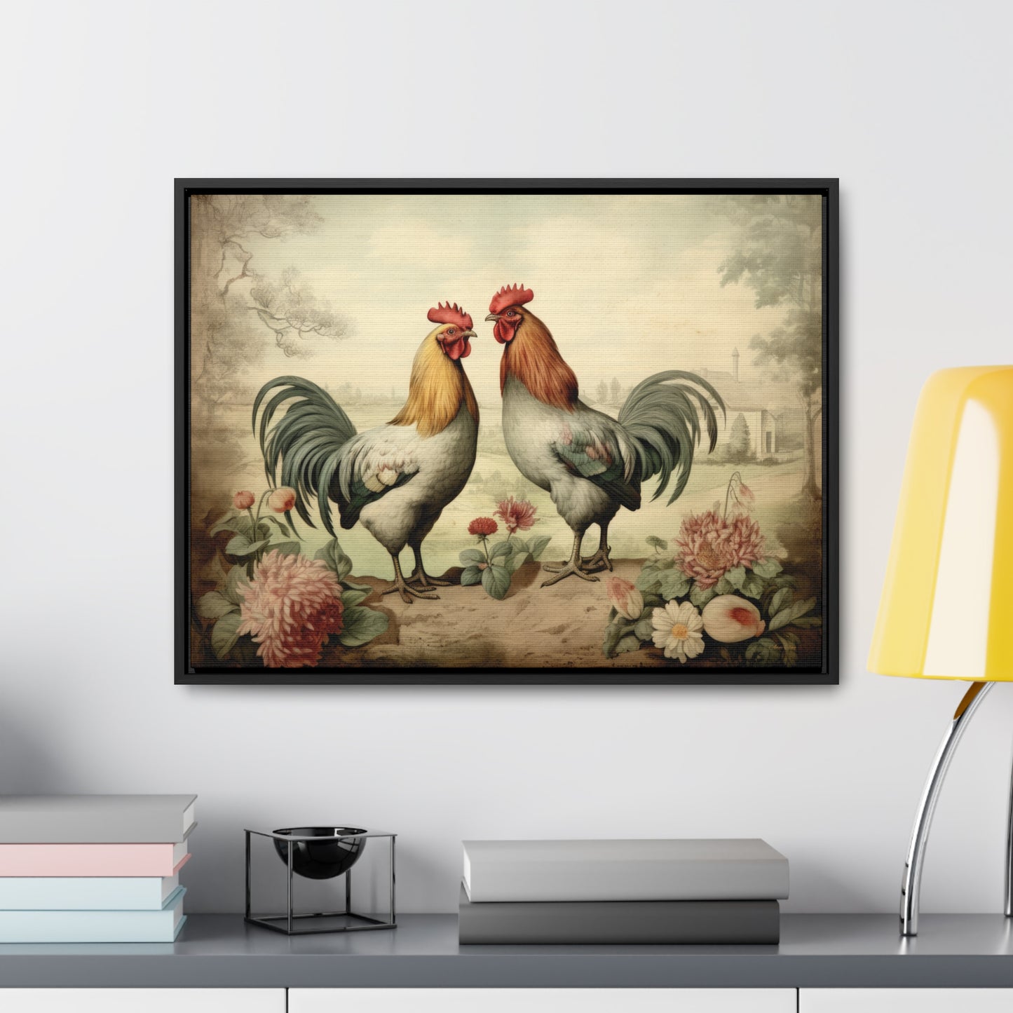 Framed Pastel Roosters Gallery Canvas Wraps, Horizontal Frame