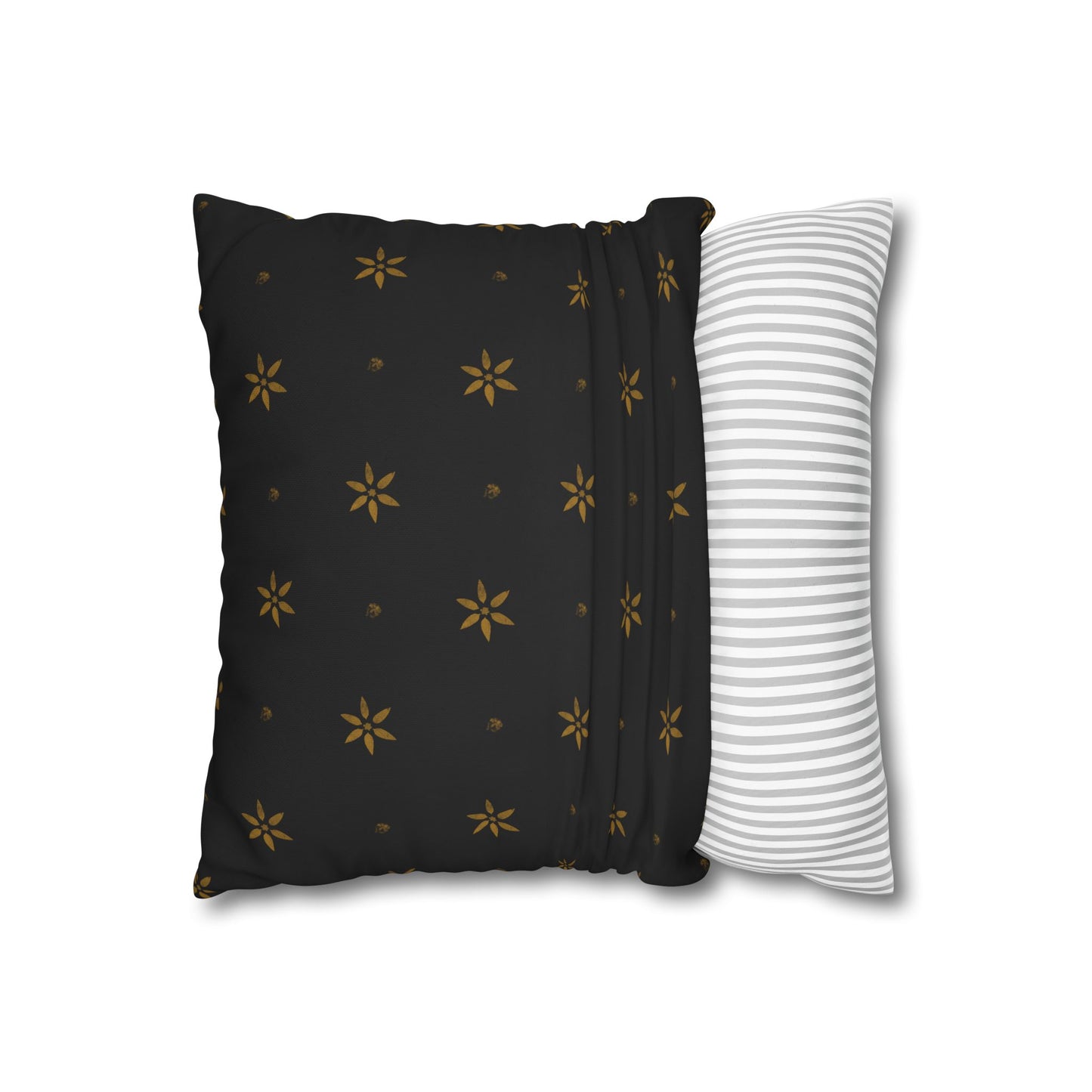 Stencilled Mustard Petals on Black Square Poly Canvas Pillowcase