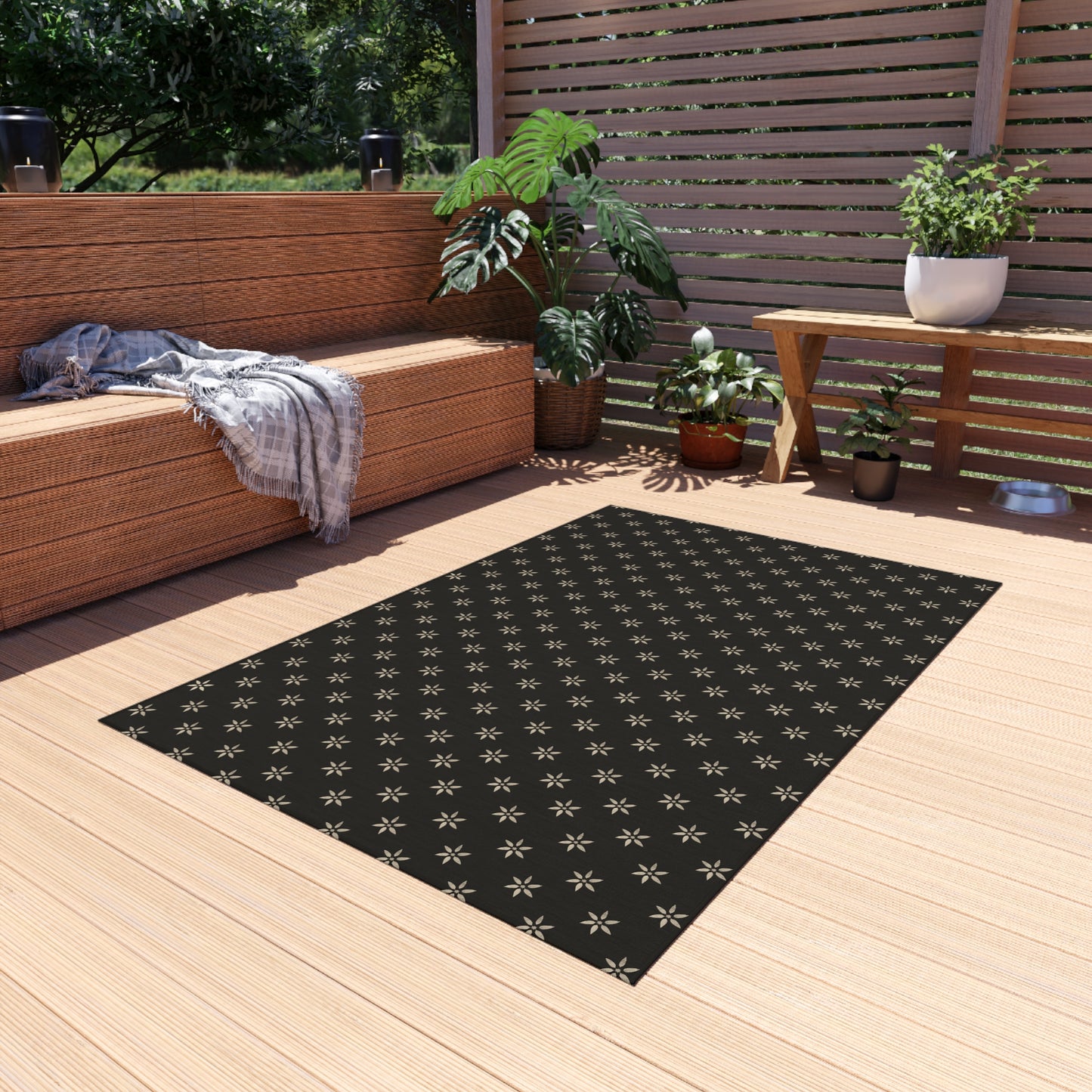 Cream Stencil Flowers on Black Outdoor Rug